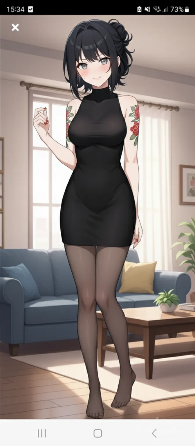 Her face, make up and proportions must remain the same.
She is wearing a tight short dress. she is wearing tights, but no shoes. standing in the living room. her hair tied up in a fancy way. full body view. smiling embarrased. , anime style