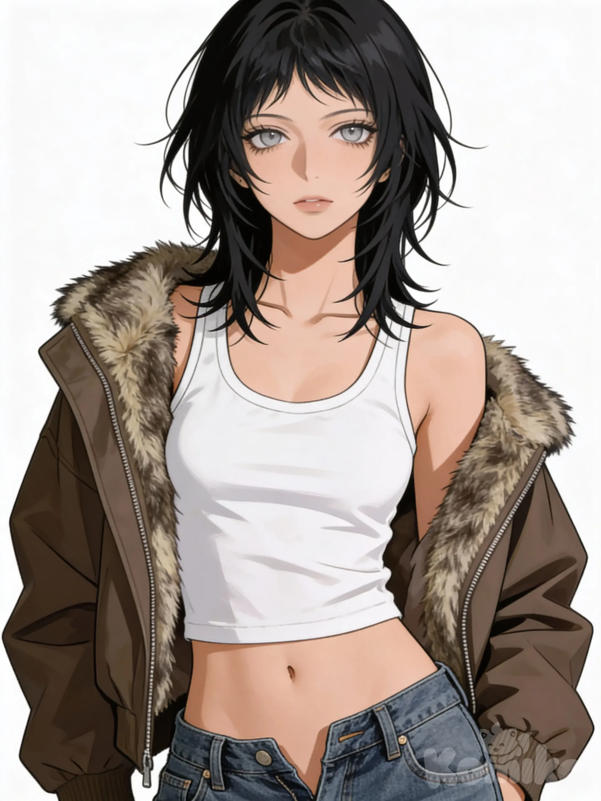Tokyo revengers. Black medium length hair. Very very light grey eyes. Palish tan skin. Short white tank top. Slightly flared low rise jeans. Brown jacket., IMG_4982 neo draw her only in anime art style