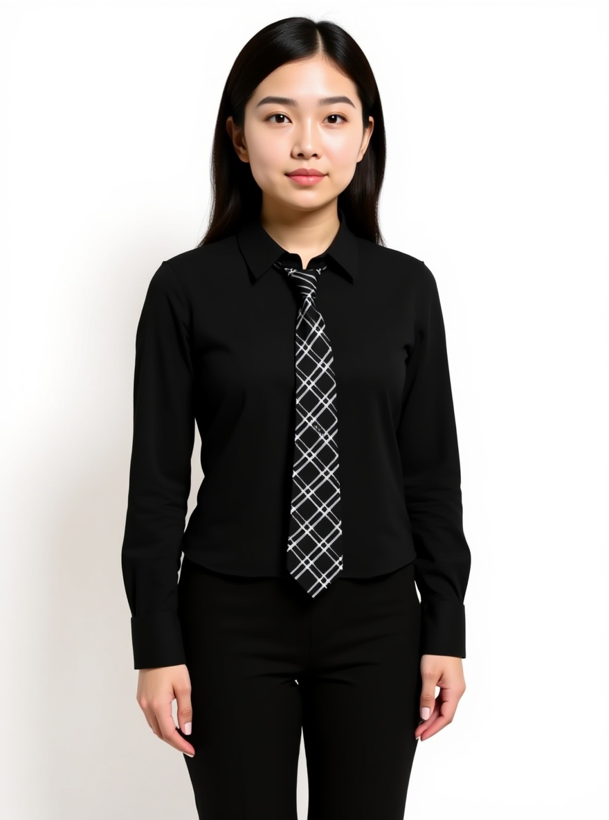 1girl, realistic, black shirt, business pants, tie, short stature, single character, full body, looking at viewer, simple background, white background