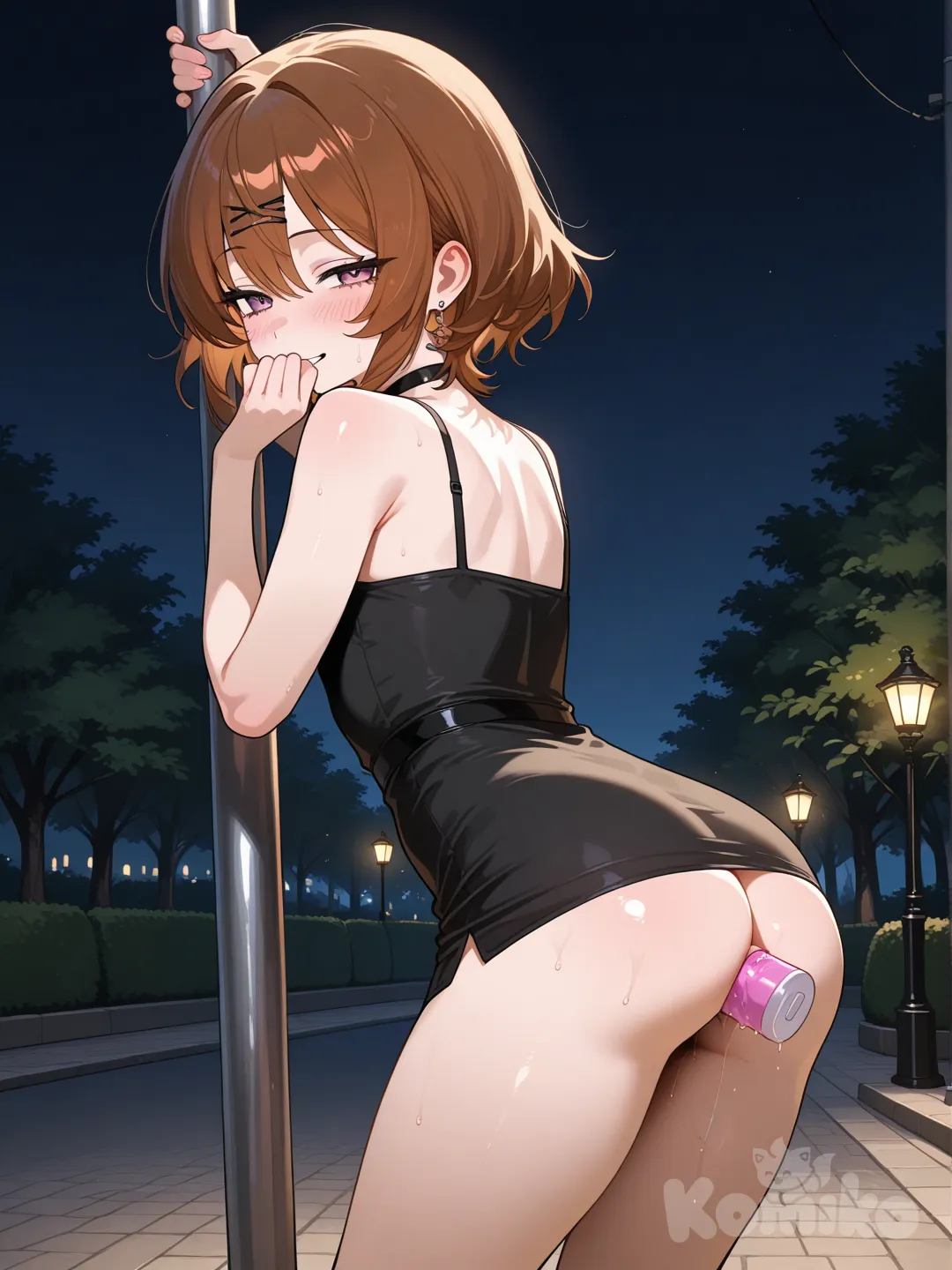 парень одетый в тонкое короткое платье без трусиков в тёмном парке стоя насаживается своей попкой на высокий толстый столбик и прикрывает своей рукой свой рот чтобы не слишком громко стонать от удовольствия