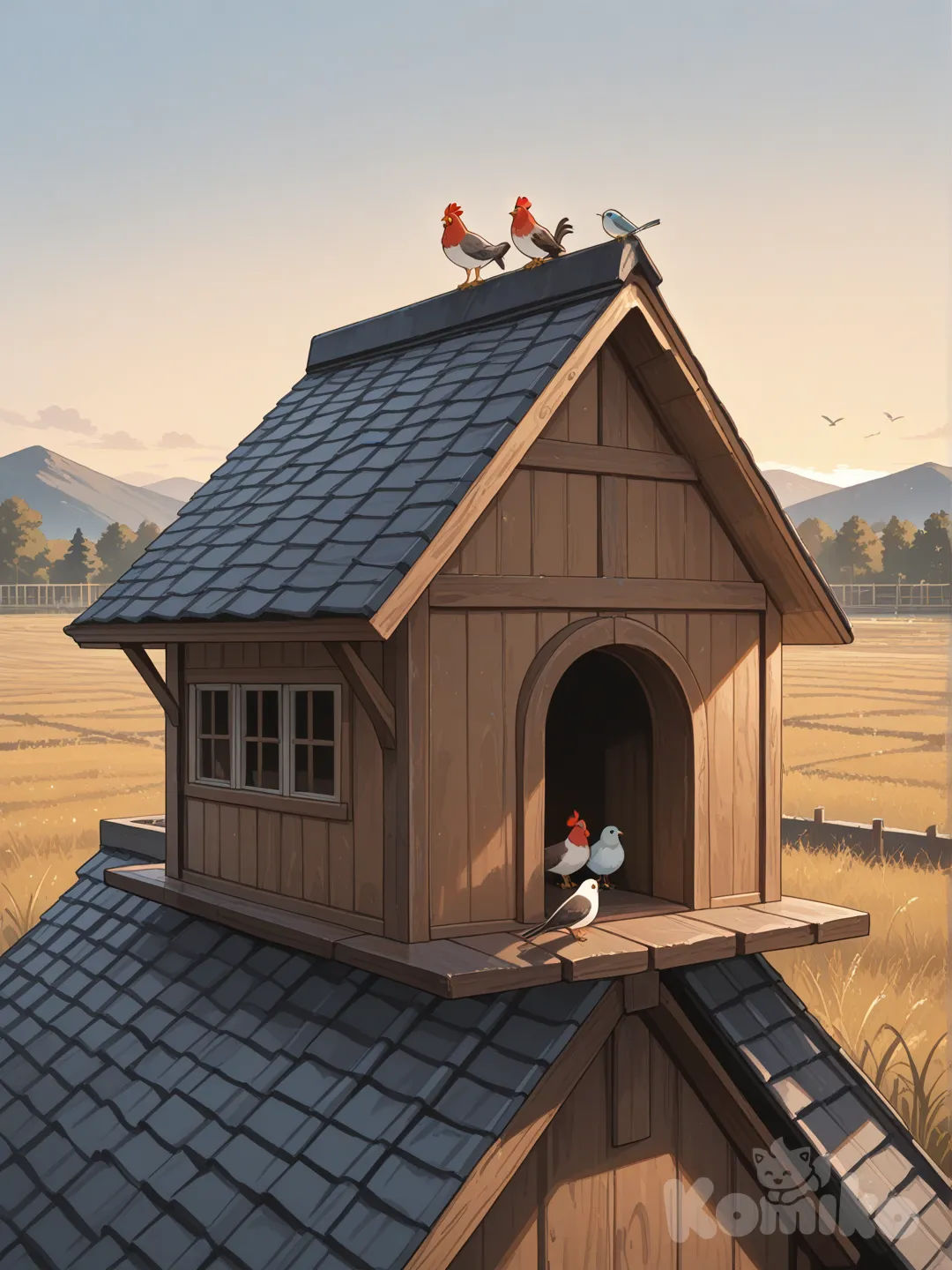 Passarinhos em cima de um galinheiro