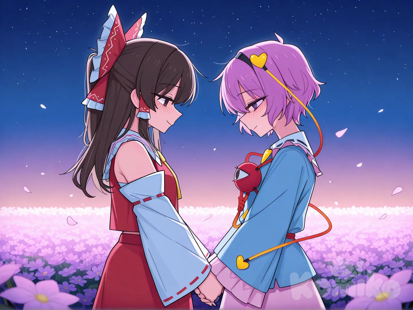 komeiji satori, [toon-shaded-style], hakurei reimu, holding hands, blush, night, flower field