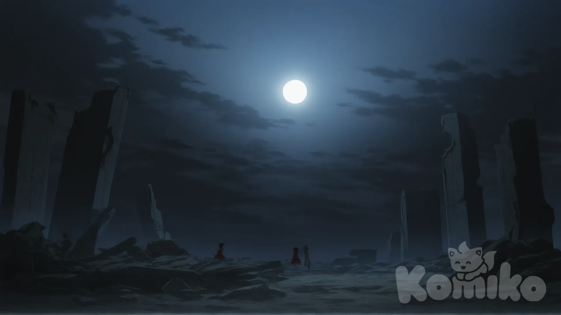 [flat-anime-style], hakurei reimu, protecting, komeiji satori, cinematic lighting, ruins, night