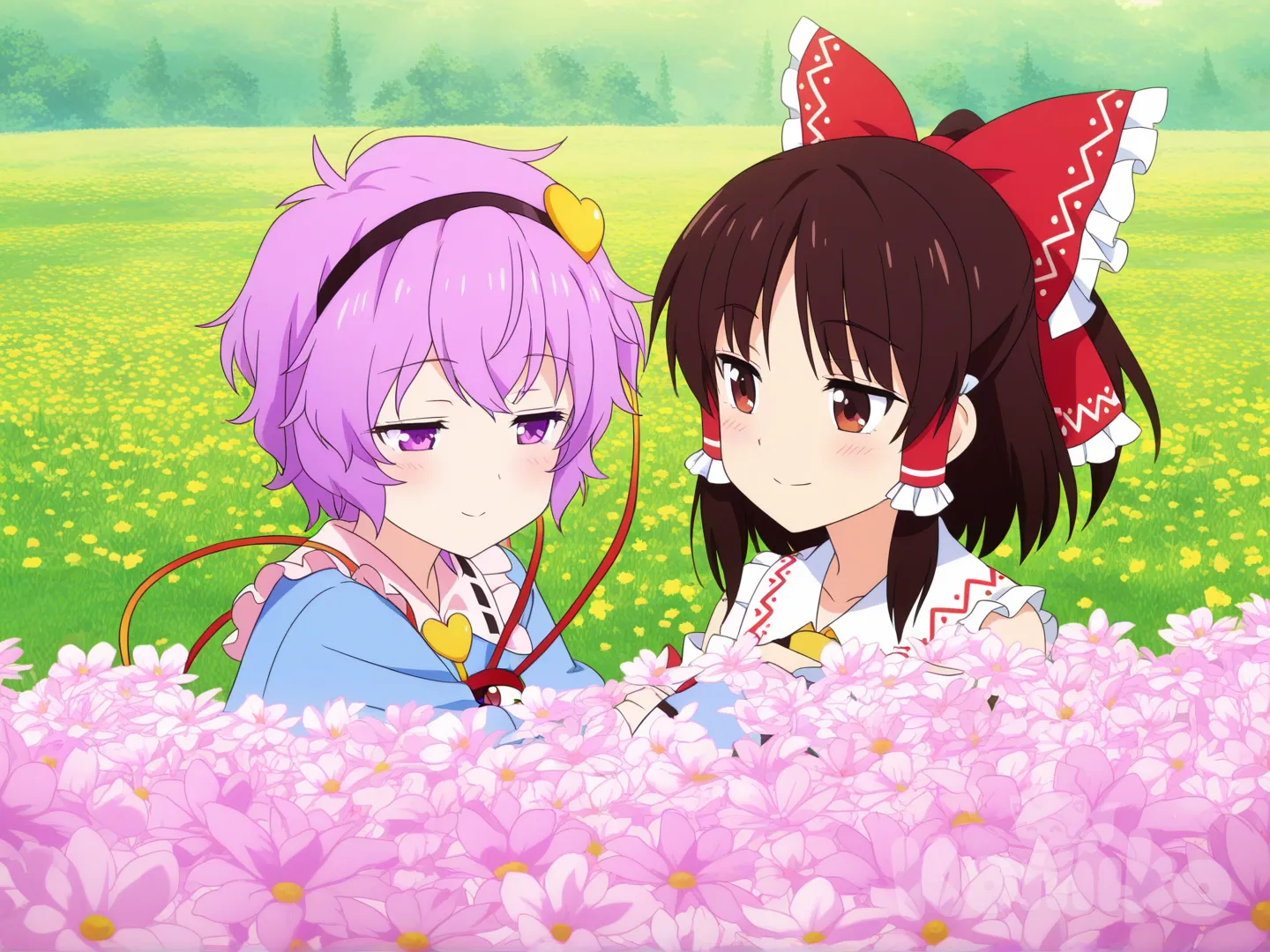 hakurei reimu, komeiji satori, hugging, blush, smile, ambient light, flower field, [pop-anime-style]