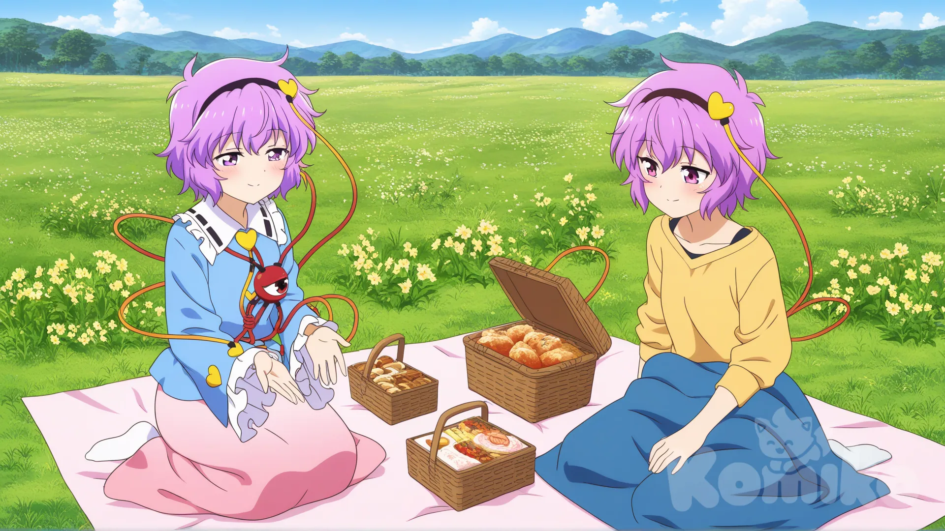 hakurei reimu, komeiji satori, picnic, blush, smile, grassland, day, [pop-anime-style]