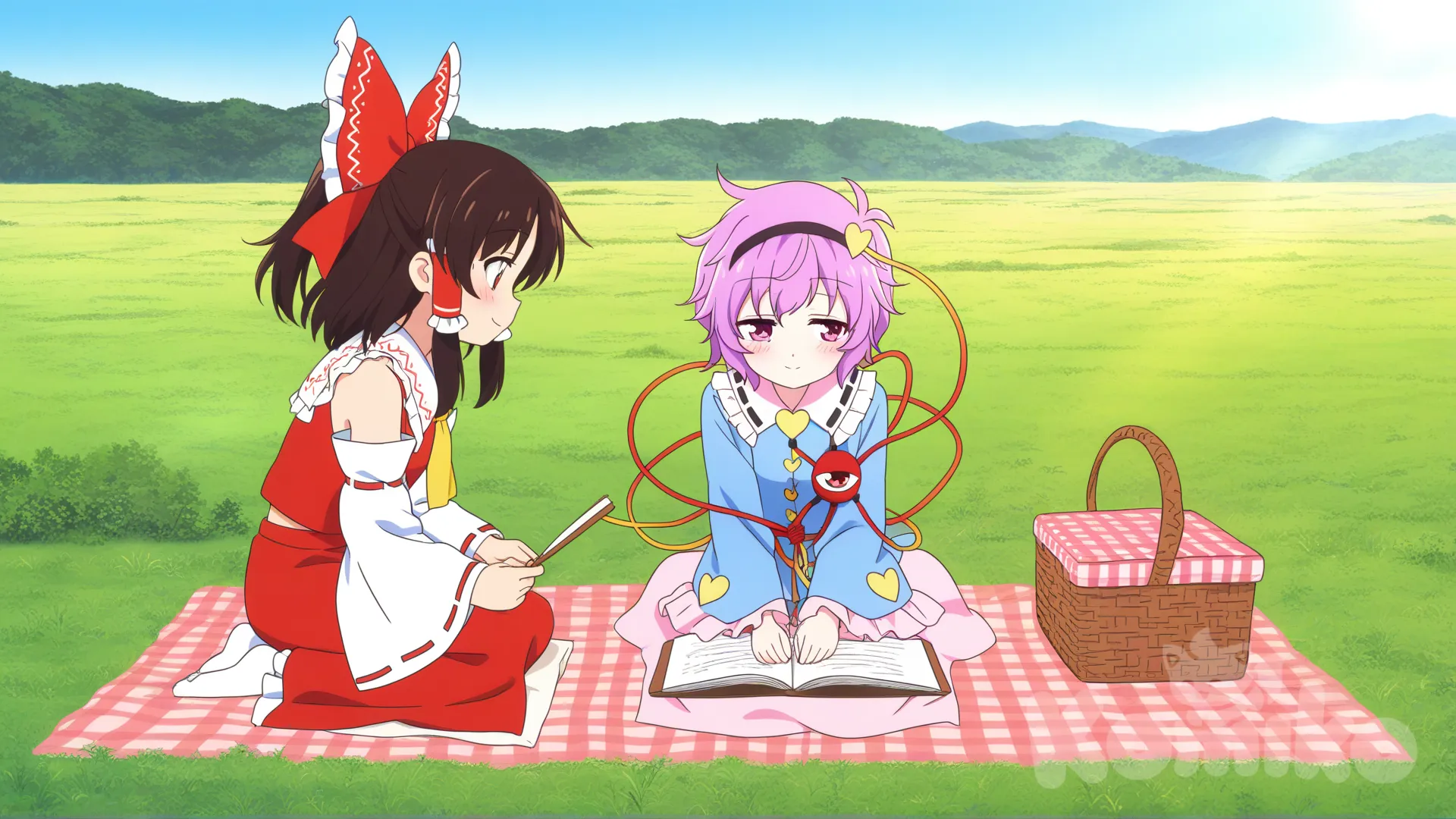 hakurei reimu, komeiji satori, picnic, blush, smile, grassland, day, [pop-anime-style]