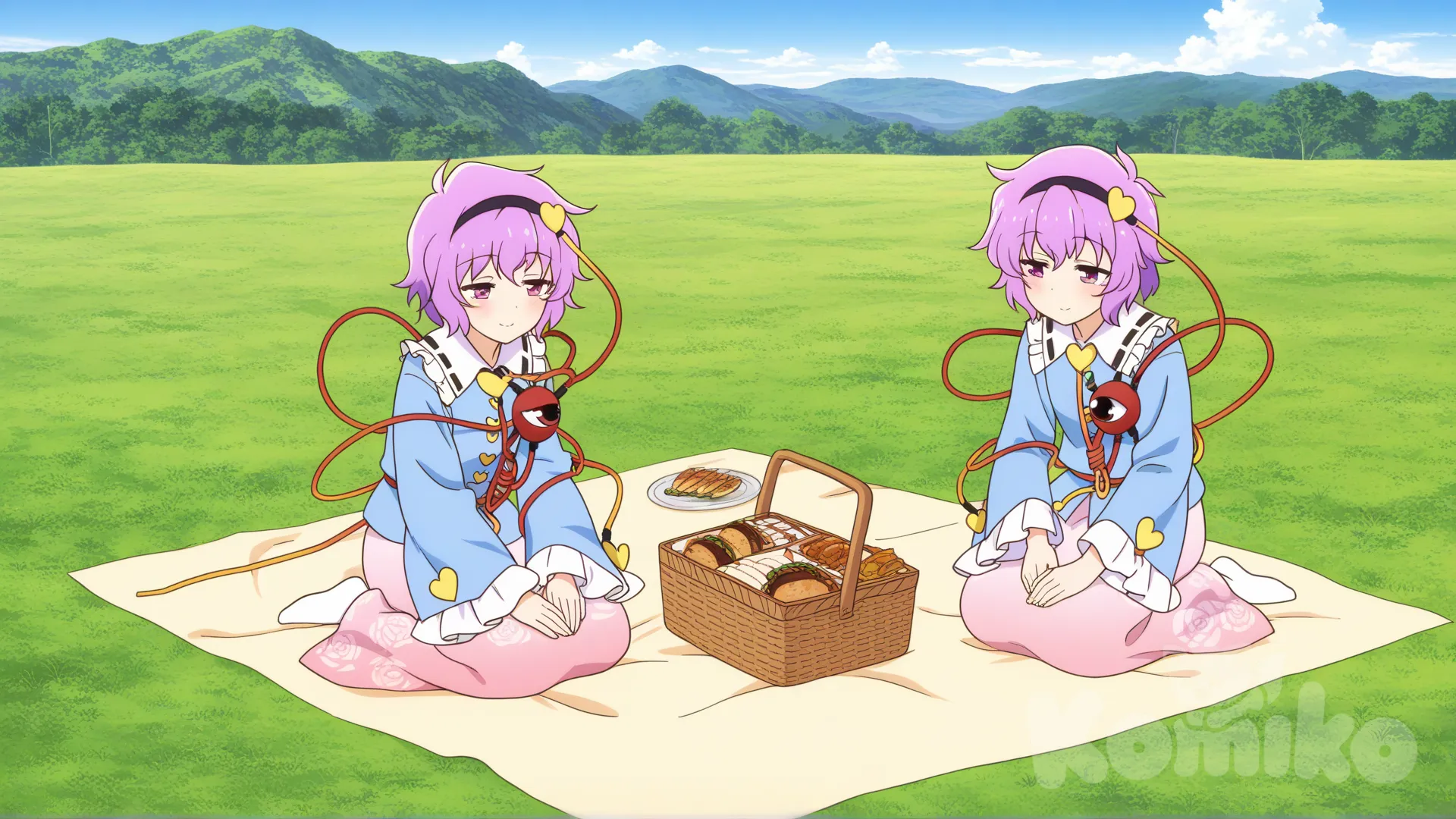  komeiji satori, picnic, blush, smile, grassland, day, [pop-anime-style]