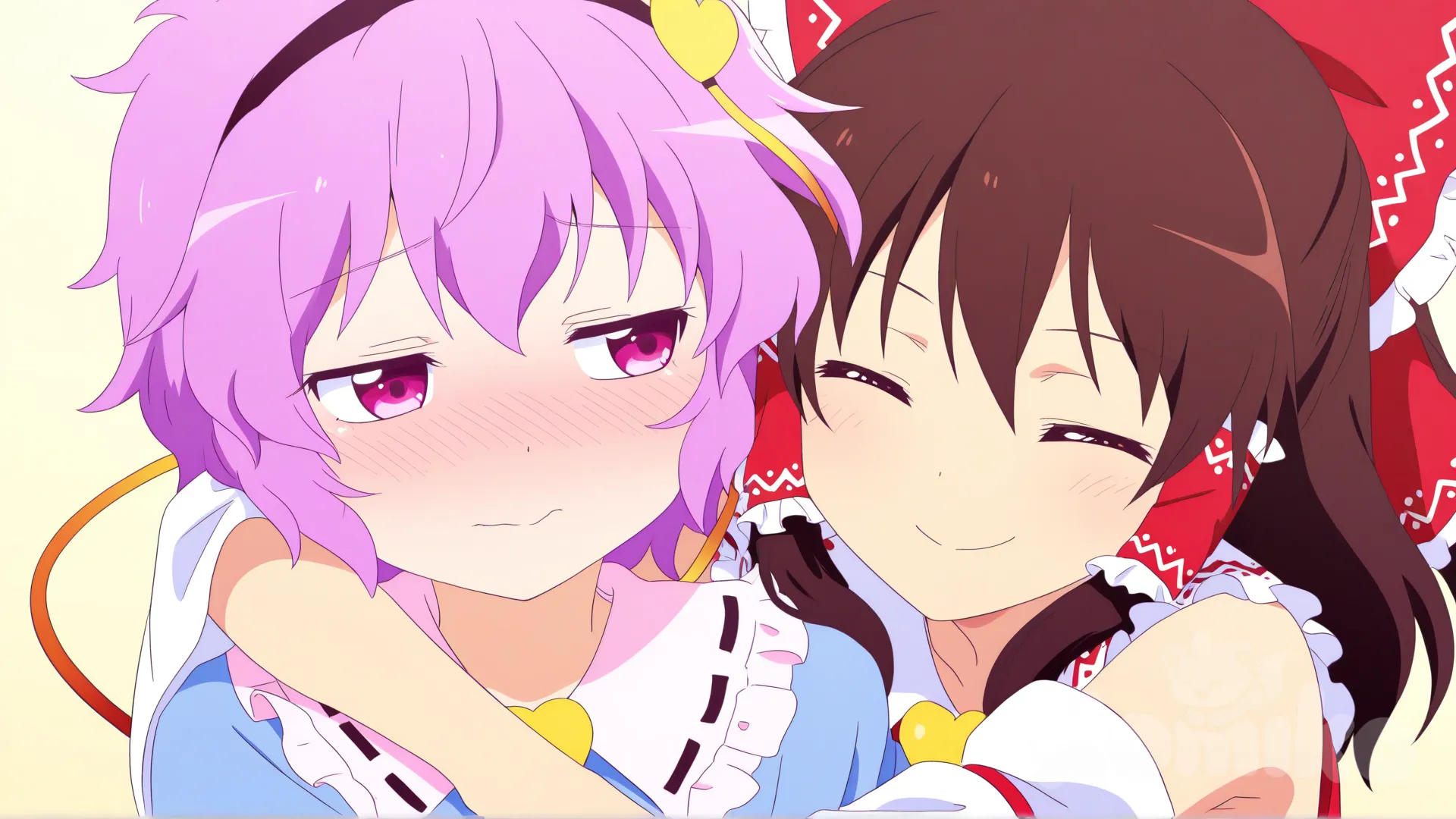 hakurei reimu, komeiji satori, hugging, blush, smile, flower [pop-anime-style]