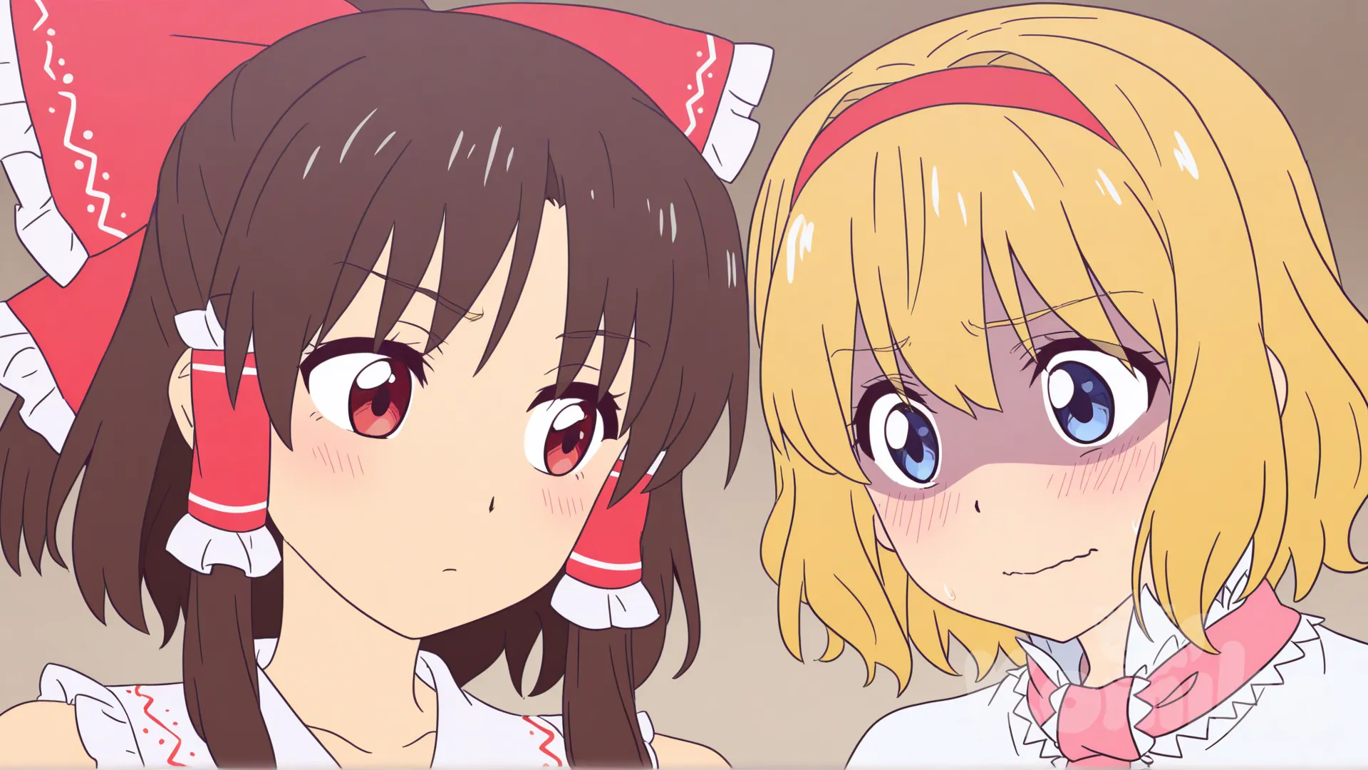 hakurei reimu, alice margatroid, 2people, blush, [pop-anime-style]