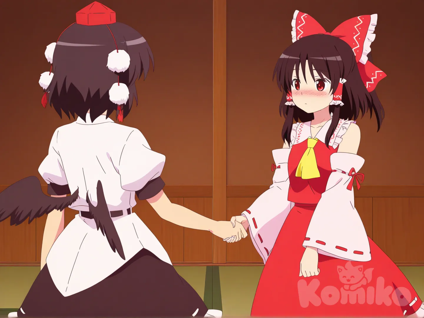 hakurei reimu, shameimaru aya, blush, holding hands, [pop-anime-style]