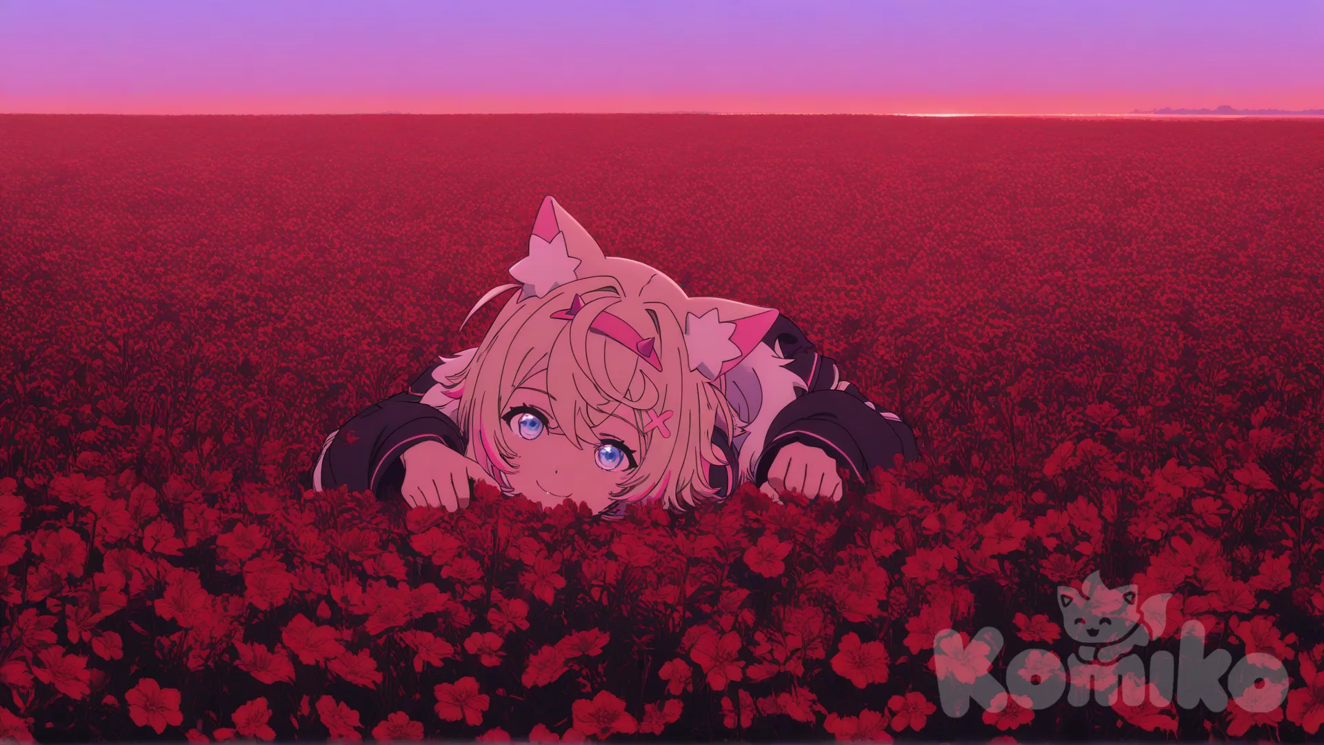 @Mococo_Abyssgard, lie on stomache, head tilt, smile, twilight, flower field, [pop-anime-style]