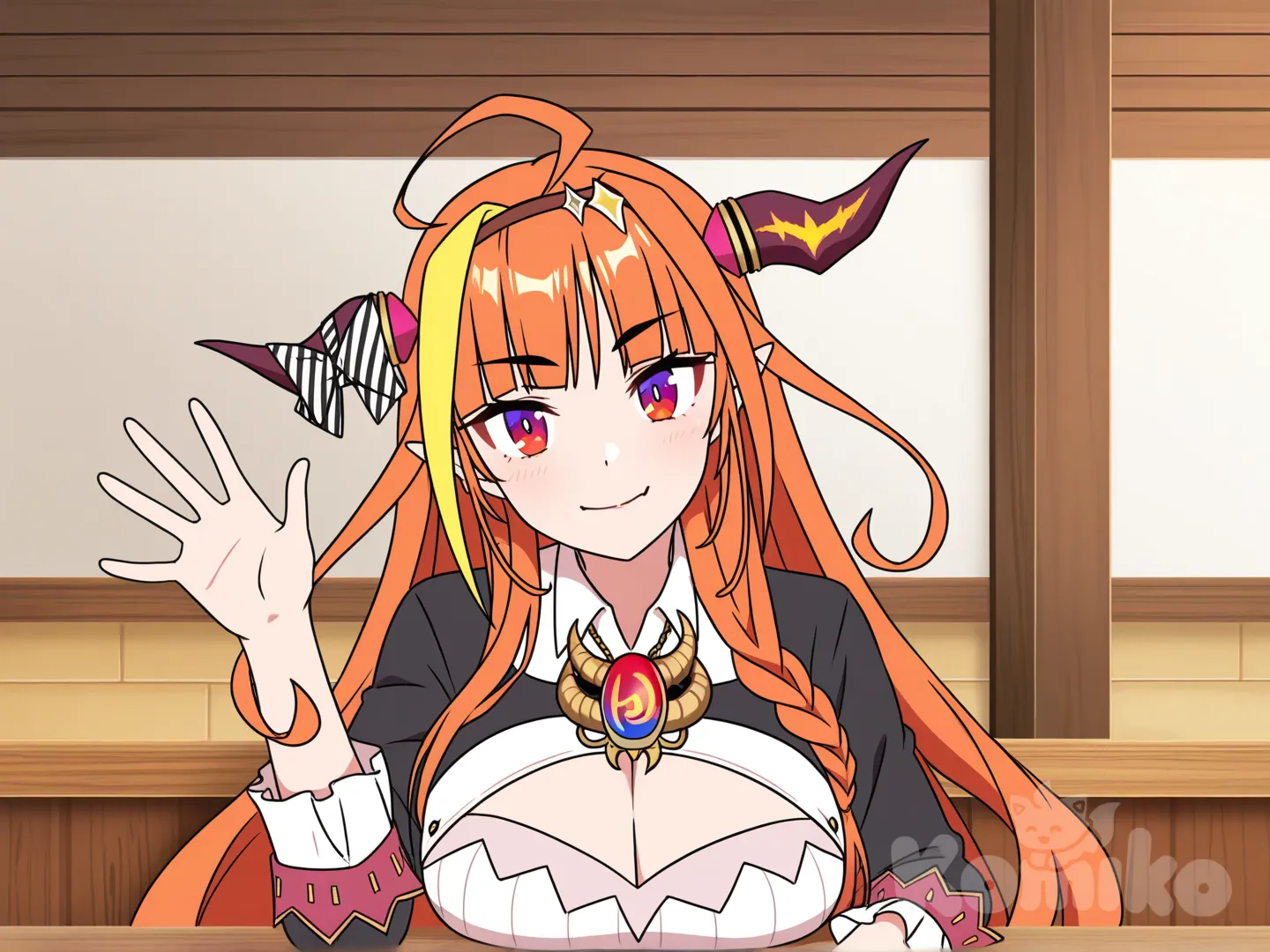 @Kiryu_Coco_(1St_Costume), waving, head tilt, smile, cafe, looking at viewer, [pop-anime-style]