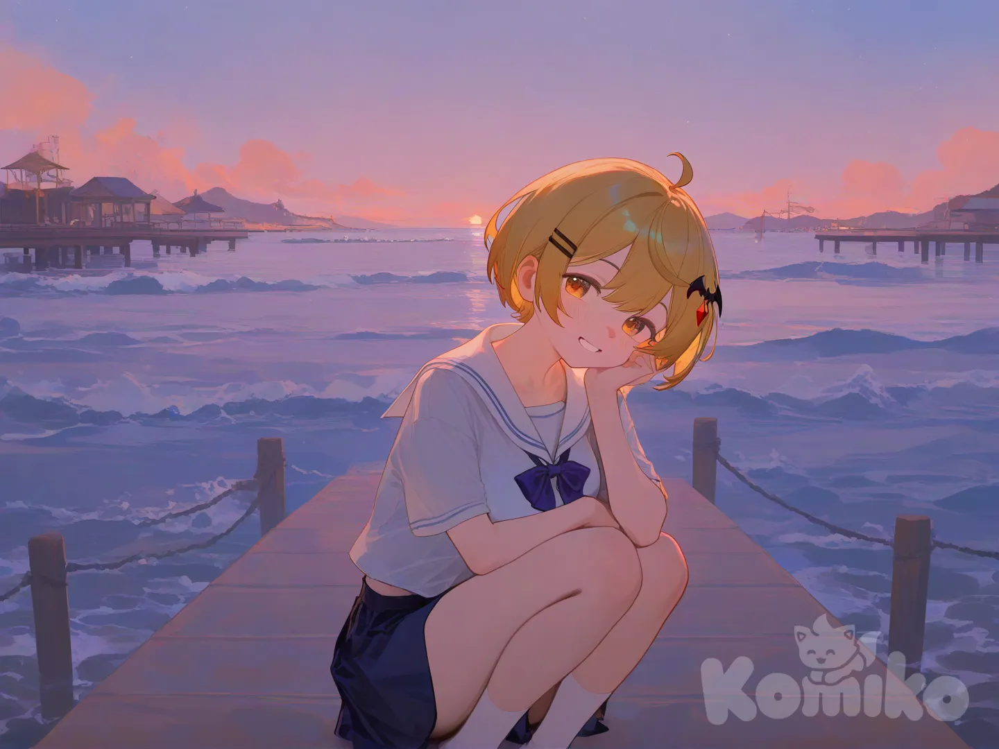 @Yozora_Mel, smile, head tilt, pier, twilight, [soft-shading-style]