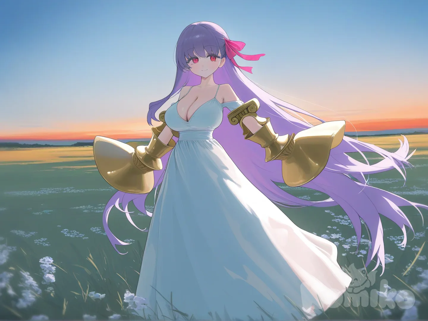 passionlip (fate), evening dress, field, [vibrant-anime-style]