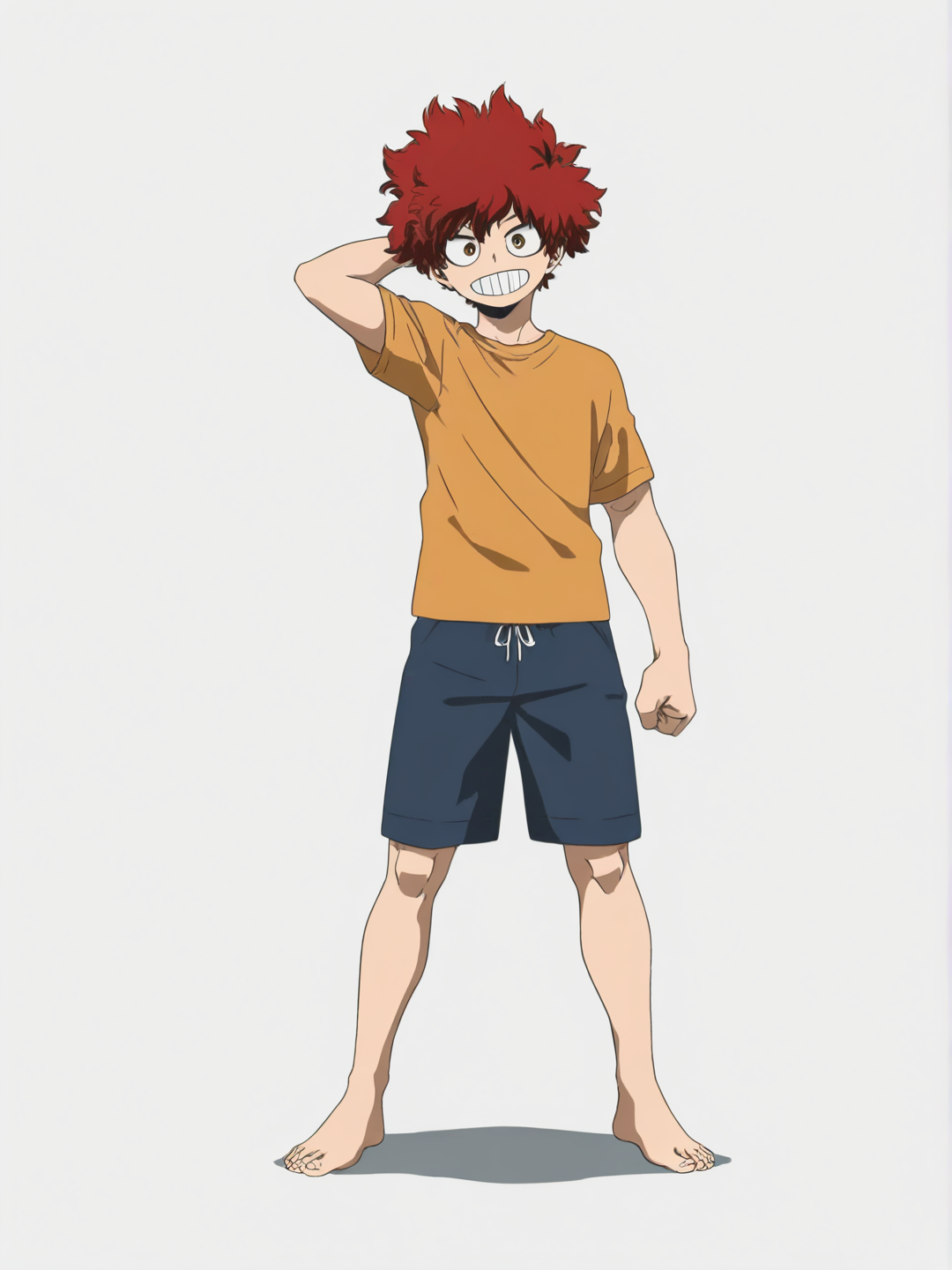 [bright-anime-style] 1boy, my hero academia (style), teenager, short (size), stocky, red hair, brown eyes, beach shorts, single character, full body, looking at viewer, anime style, simple background, white background