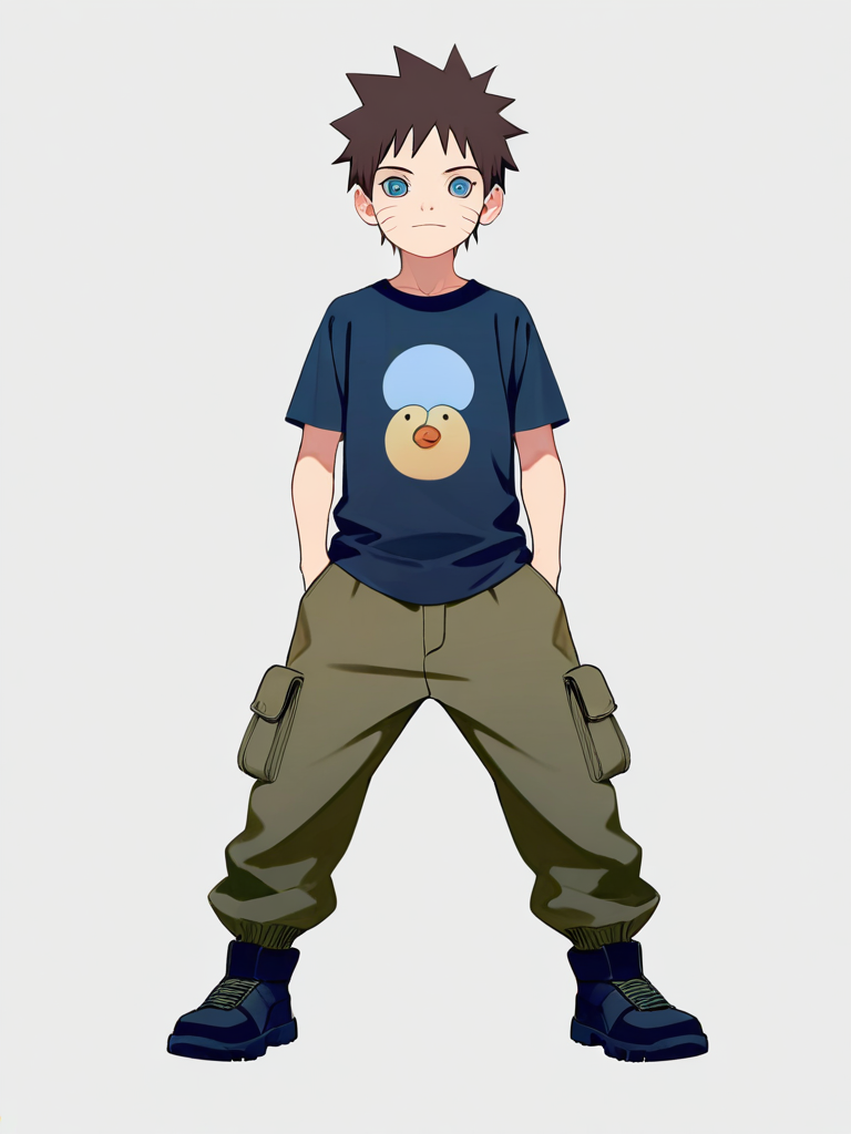 1boy, naruto style, teenager, short, scrawny, brown hair, blue eyes, scar, t-shirt, cargo pants, single character, full body, looking at viewer, simple background, white background