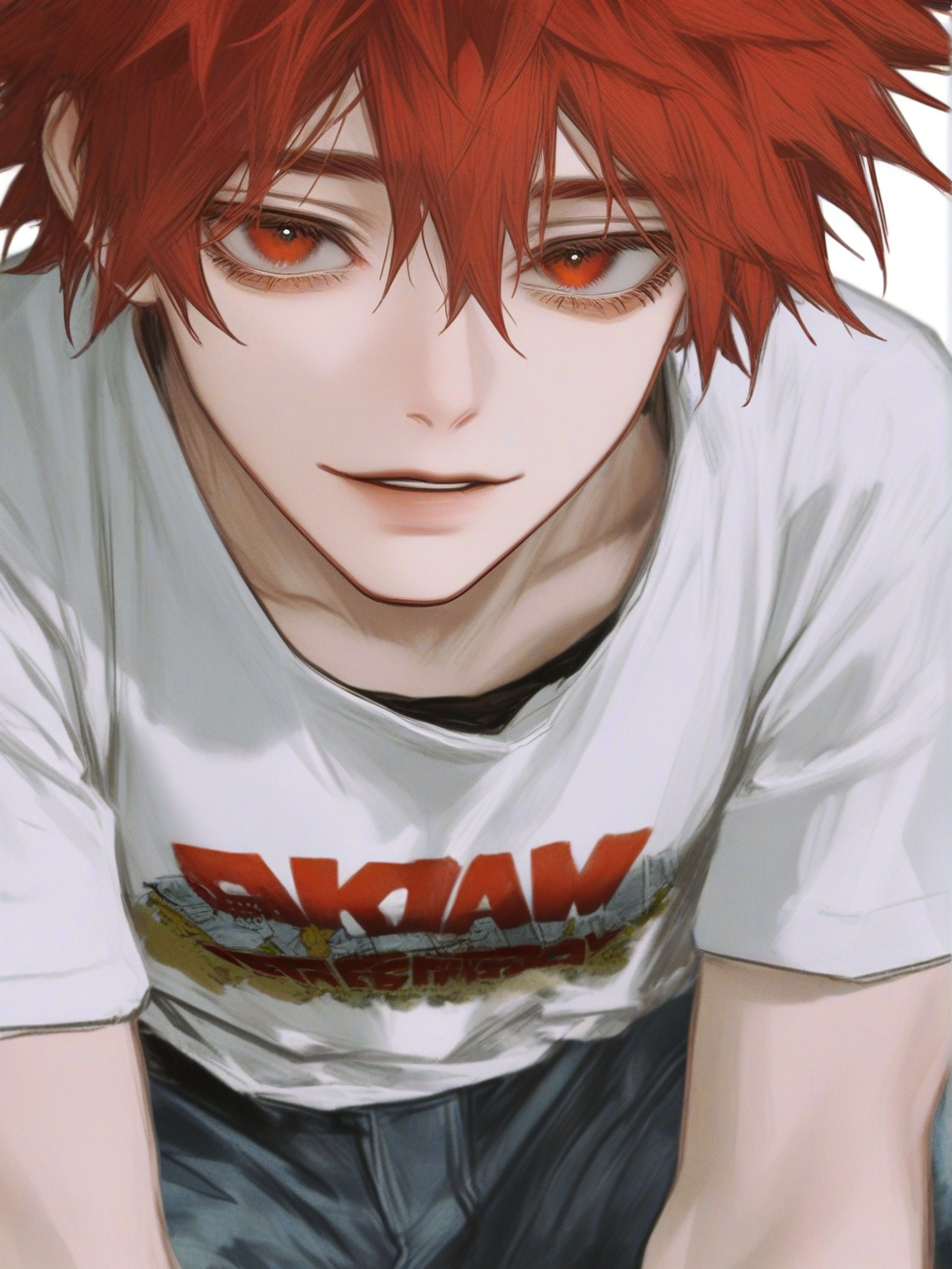 [semi-realistic-portrait-style] 1boy, teenager, short, slim, red hair, red eyes, t-shirt, casual pants, my hero academia style, single character, full body, looking at viewer, simple background, white background