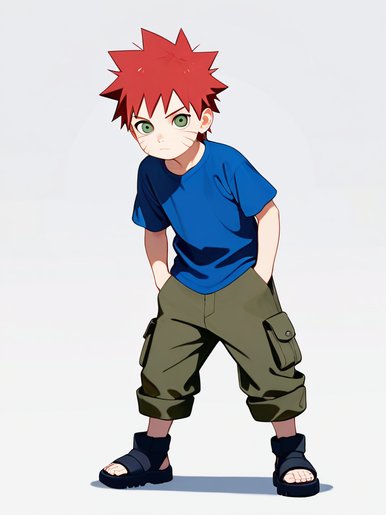 1boy, naruto style, teenager, tall, athletic, red hair, green eyes, scar, t-shirt, cargo pants, single character, full body, looking at viewer, simple background, white background