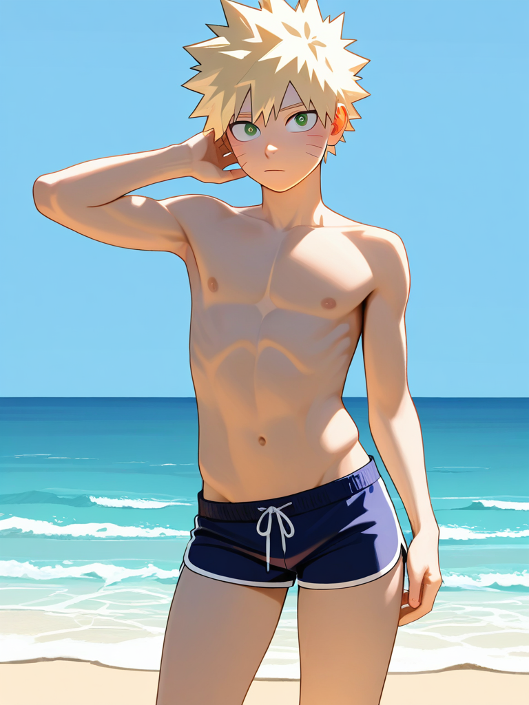1boy, short_hair, short_stature, slim, mullet, green_eyes, beach_shorts, naruto_style, my_hero_academia_style, single_character, full_body, looking_at_viewer, simple_background, white_background