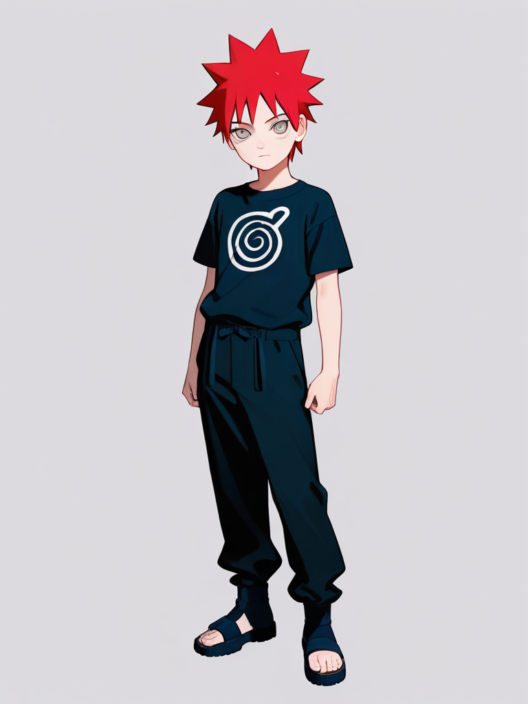 1boy, teen, lanky, skinny, red_hair, grey_eyes, t-shirt, pants, spiky_hair, naruto, solo, full_body, looking_at_viewer, simple_background, white_background
