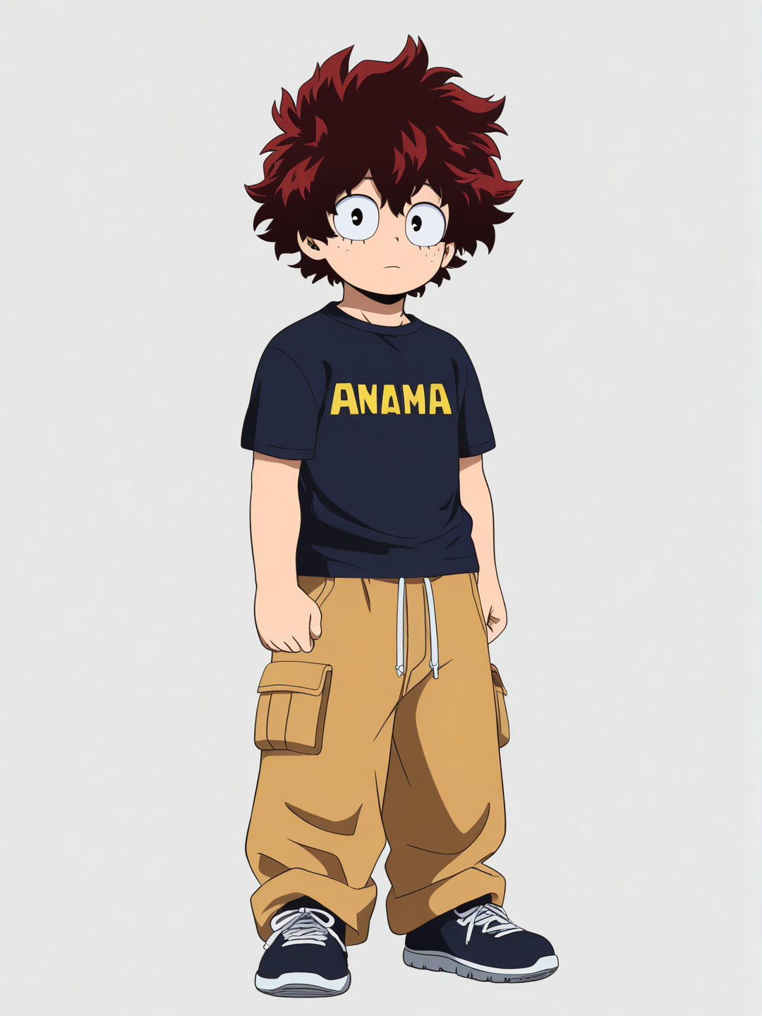 [pop-anime-style] 1boy, my hero academia style, teenager, tall, scrawny, maroon hair, wavy hair, t-shirt, cargo pants, single character, full body, looking at viewer, anime style, simple background, white background