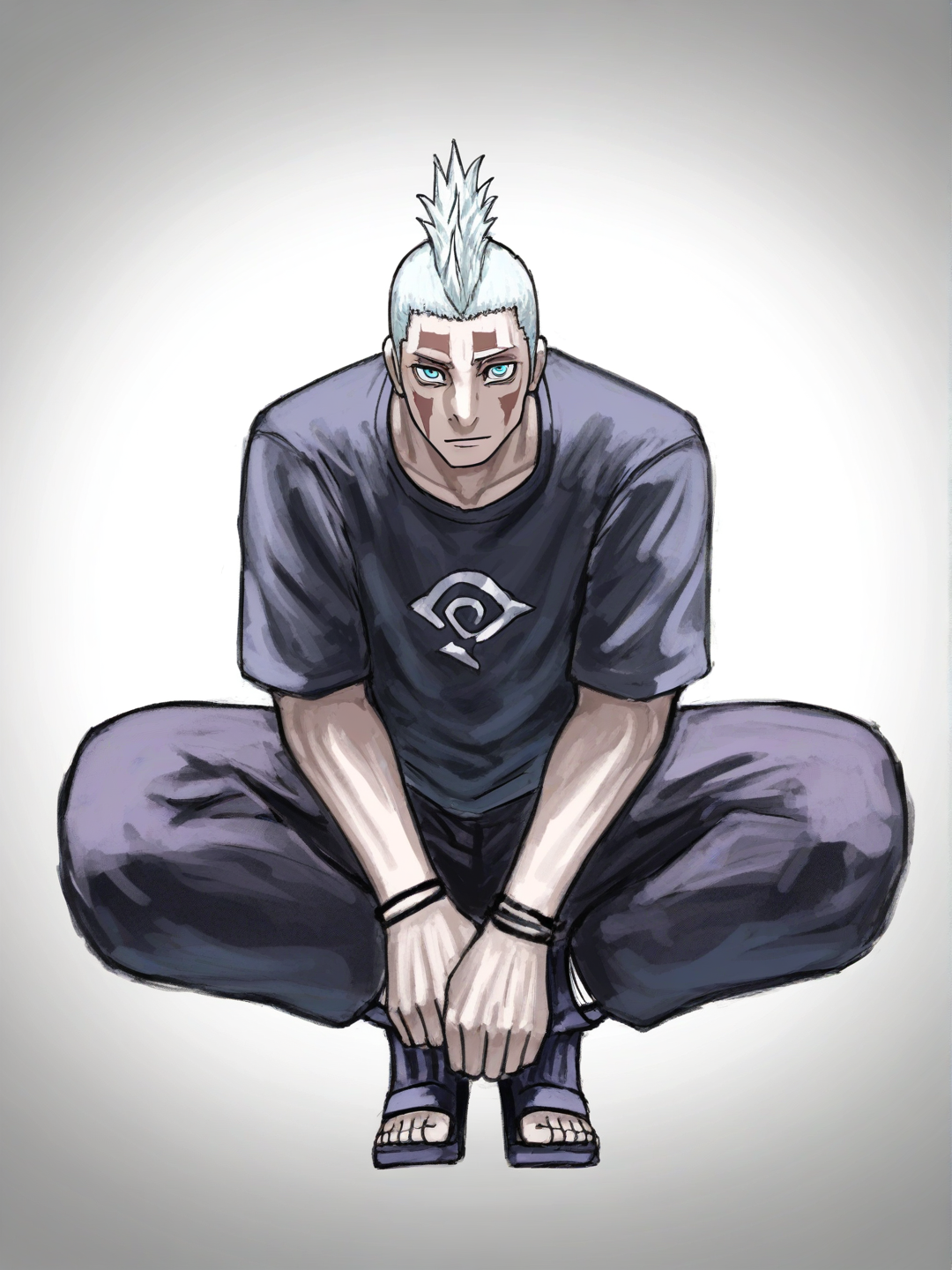 [sketchy-painterly-style] 1boy, teenager, short, scrawny, off-white hair, mohawk, blue eyes, t-shirt, wide-leg pants, jujutsu kaisen, naruto (series), single character, full body, looking at viewer, naruto (style), simple background, white background