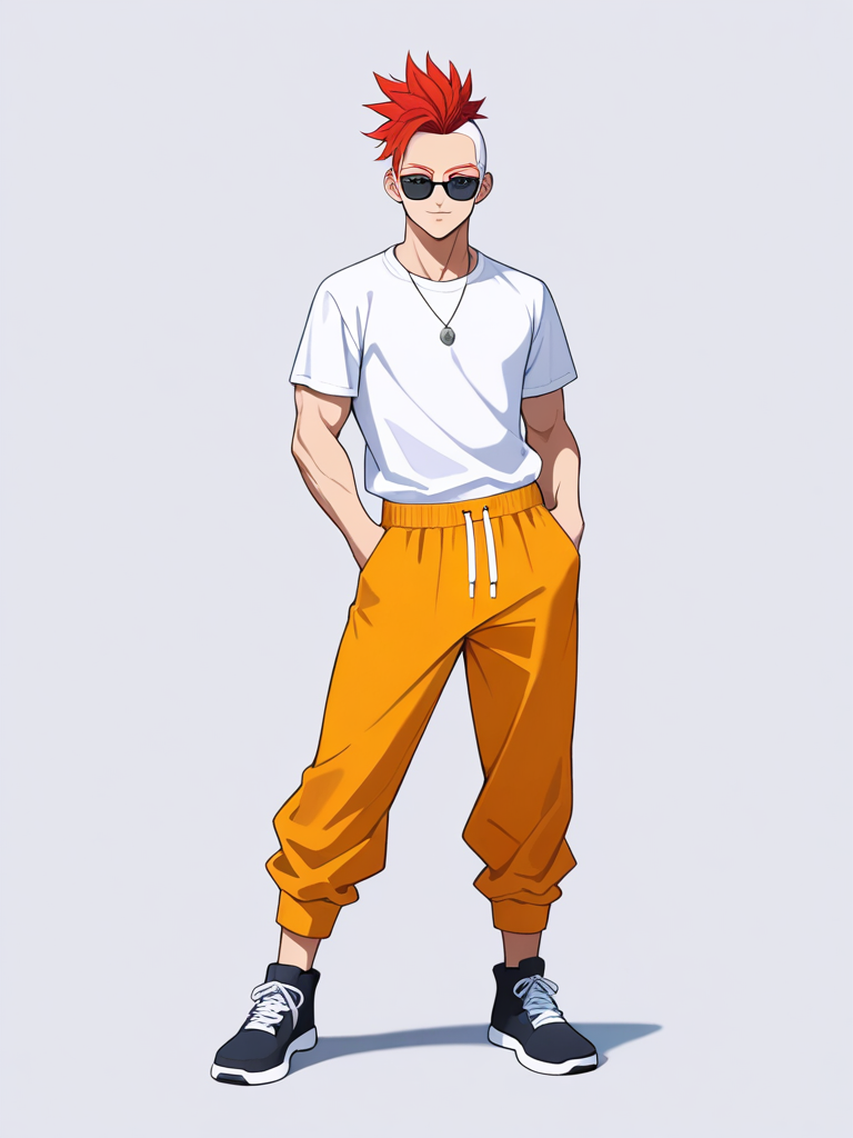 1boy, jujutsu kaisen, naruto (series), dragon ball, original character, teen, short, scrawny, mohawk, blue eyes, t-shirt, wideleg pants, multicolored hair, off-white hair, red hair, necklace, sunglasses, naruto style, dragon ball style, single character, full body, looking at viewer, simple background, white background