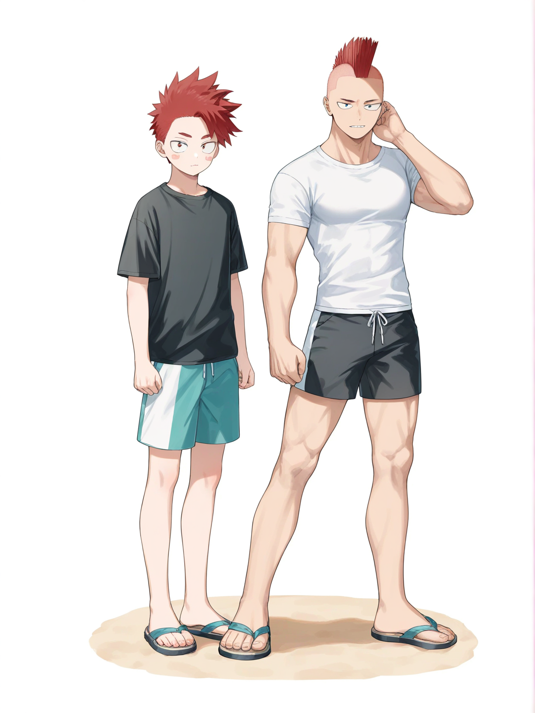 [soft-pastel-style] 1boy, my hero academia, teenager, tall, curvy, muscular, red hair, mohawk, t-shirt, beach shorts, single character, full body, looking at viewer, anime style, simple background, white background
