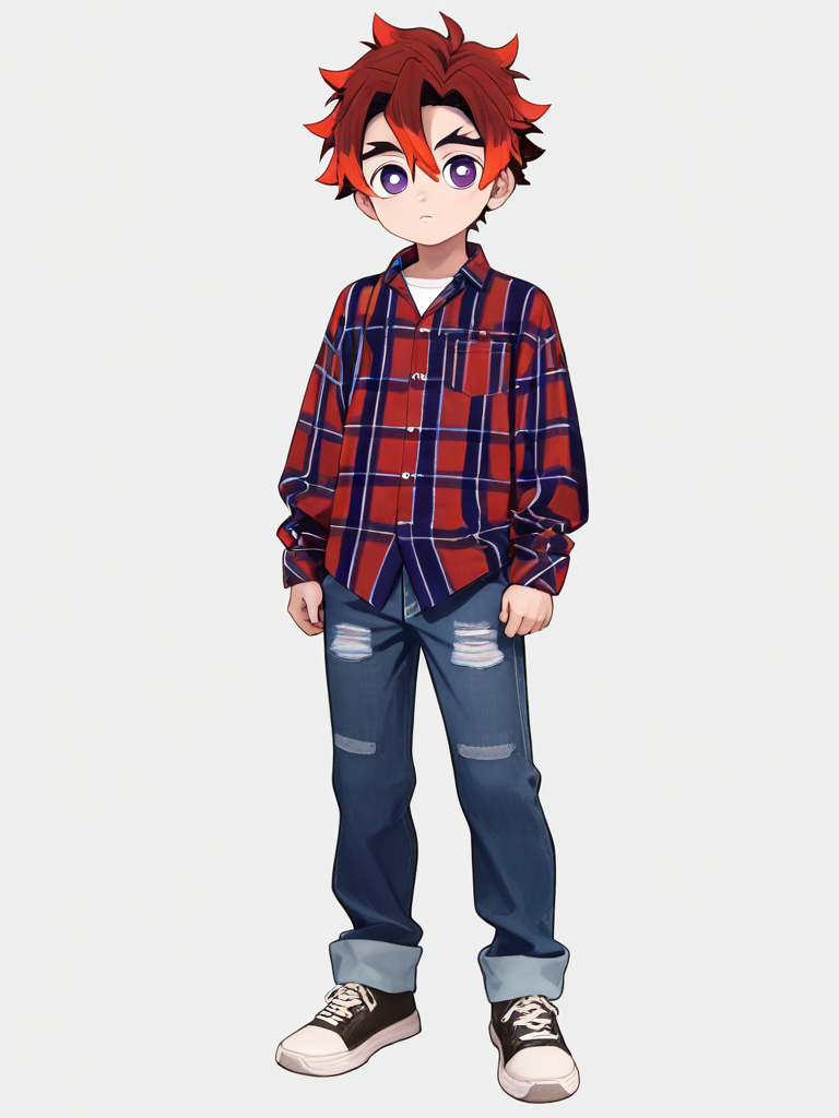 1boy, demon slayer style, teenager, stocky, tall, scrawny, red hair, purple eyes, jeans, plaid shirt, single character, full body, looking at viewer, simple background, white background