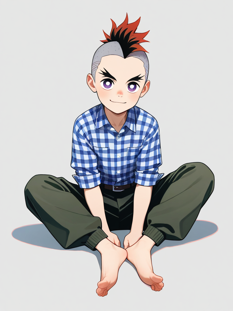 1boy, demon_slayer_style, teenager, stocky, tall, scrawny, red_hair, purple_eyes, plaid_shirt, cargo_pants, mohawk, gray_hair, single_character, full_body, looking_at_viewer, simple_background, white_background