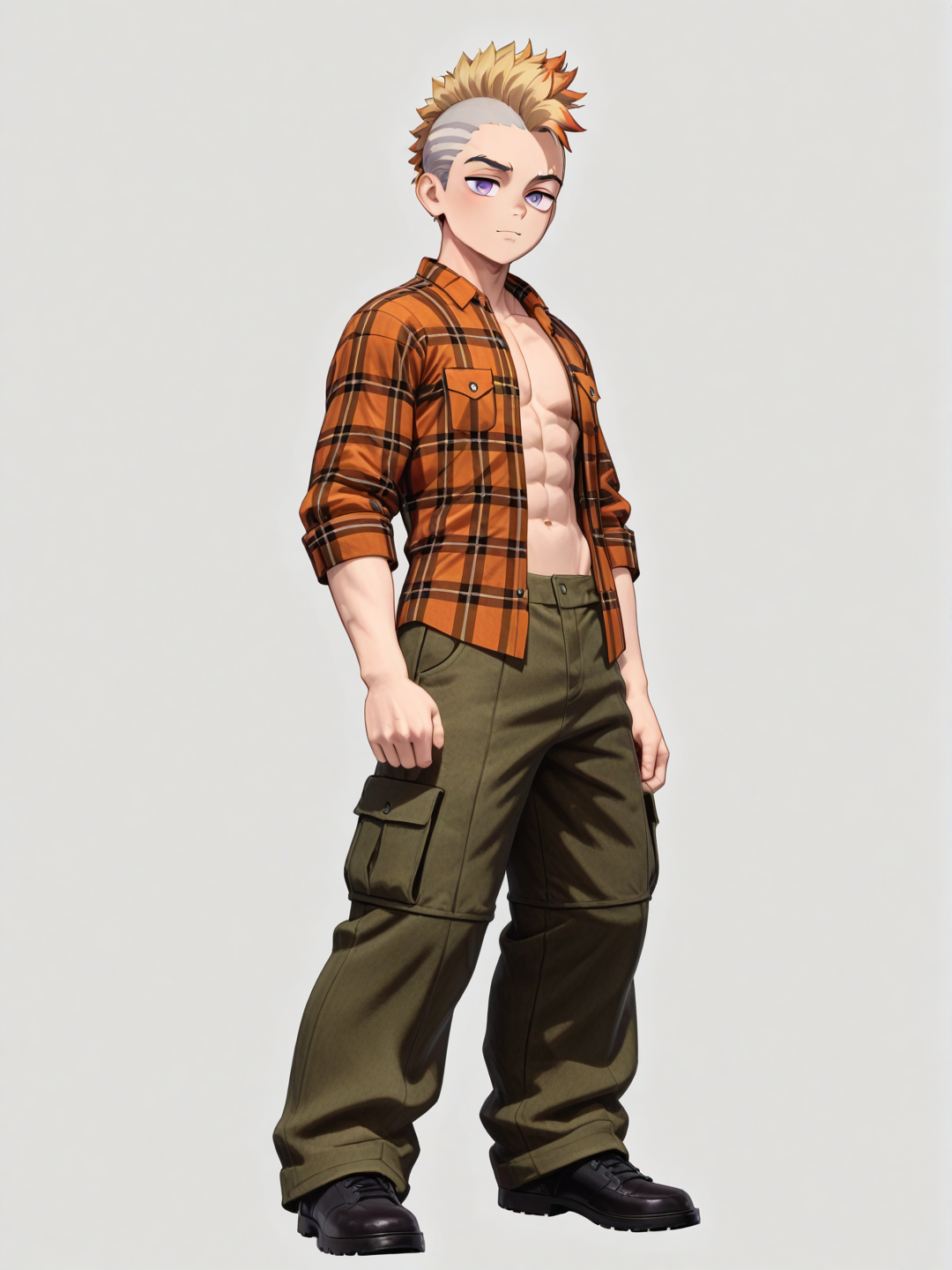 [3d-anime-style] 1boy, demon_slayer_style, teenager, stocky, tall, slim, red_hair, gray_hair, blonde_hair, purple_eyes, mohawk, plaid_shirt, cargo_pants, beach_shorts, single_character, full_body, looking_at_viewer, simple_background, white_background