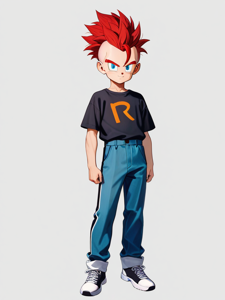1boy, dragon ball style, teenager, tall, scrawny, slim, red hair, mohawk, blue eyes, t-shirt, wide-leg pants, single character, full body, looking at viewer, simple background, white background