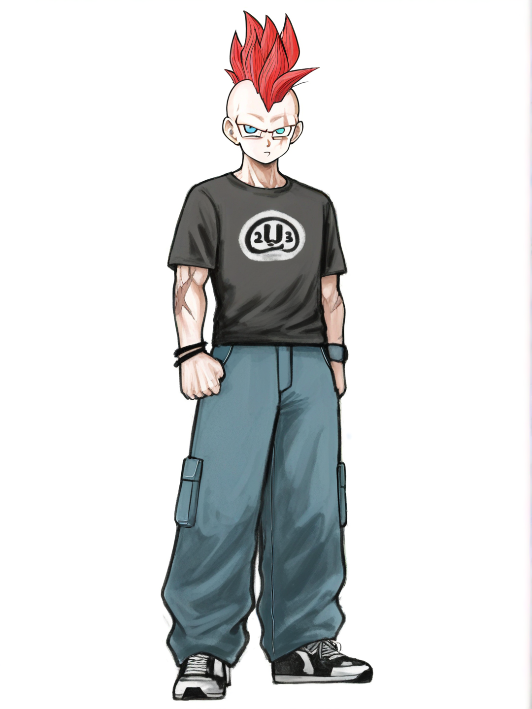 [sketchy-painterly-style] 1boy, dragon ball style, teenager, tall, scrawny, slim, red hair, mohawk, blue eyes, scar, t-shirt, wide-leg pants, single character, full body, looking at viewer, simple background, white background