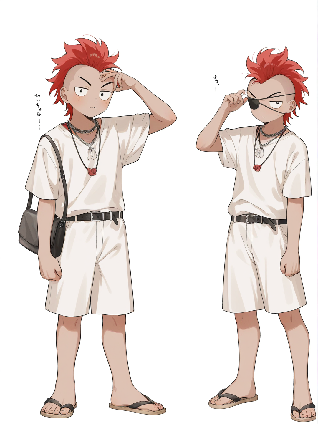 [soft-pastel-style] 1boy, one_piece_(series), teen, tall, curvy, scrawny, red hair, eyepatch, necklace, mohawk, single character, full body, looking at viewer, anime style, simple background, white background