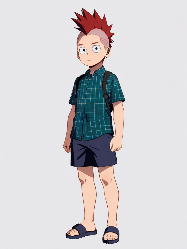 1boy, red_hair, mohawk, curvy, short_stature, scrawny, teenager, plaid_shirt, beach_shorts, naruto style, my hero academia style, single character, full body, looking at viewer, anime style, simple background, white background