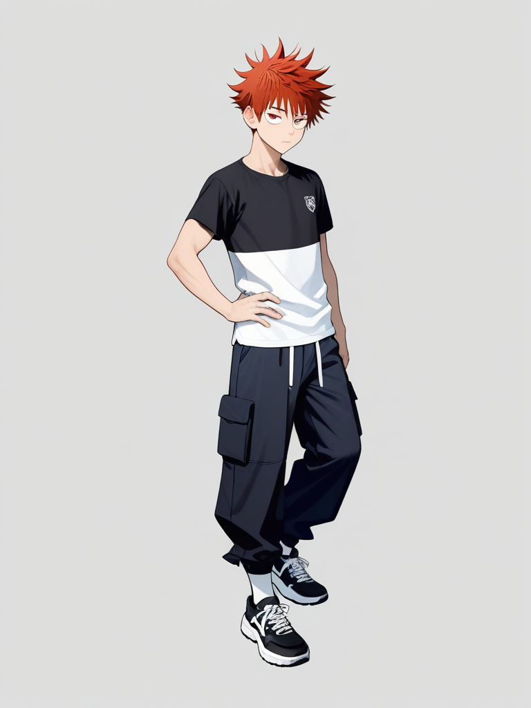 1boy, jujutsu_kaisen_(style), teenager, athletic, scrawny, short, red_hair, green_hair, spiky_hair, t-shirt, cargo_pants, single character, full body, looking at viewer, simple background, white background