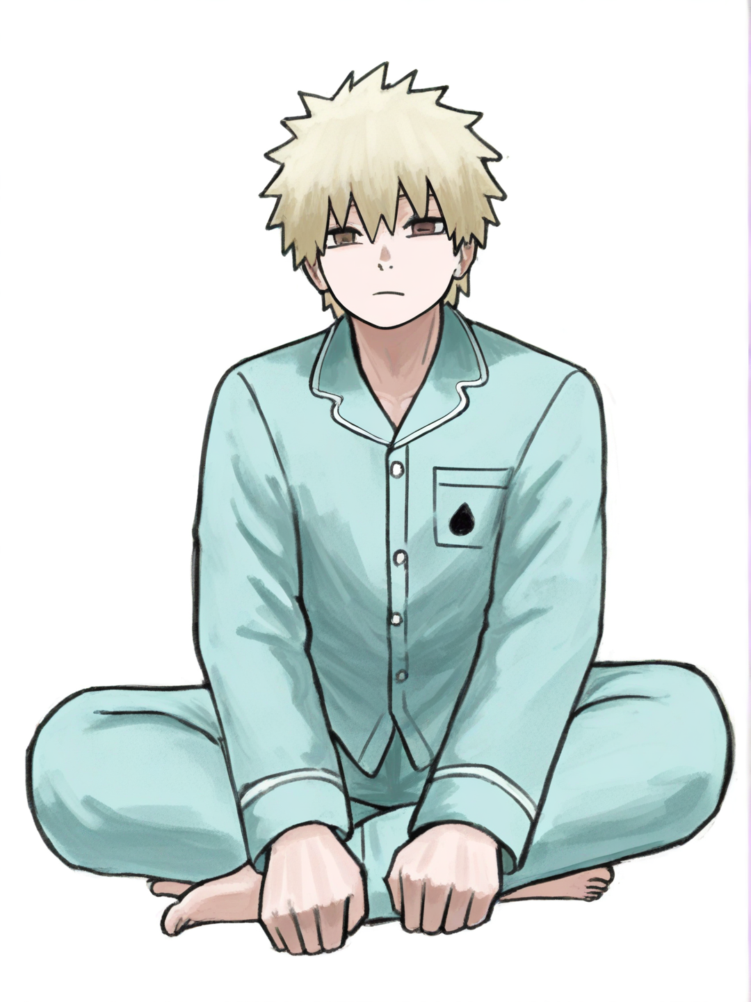 [sketchy-painterly-style] 1boy, naruto style, original character, teenager, athletic, tall, scrawny, blonde hair, brown hair, frizzy hair, brown eyes, pajamas, single character, full body, looking at viewer, anime style, simple background, white background