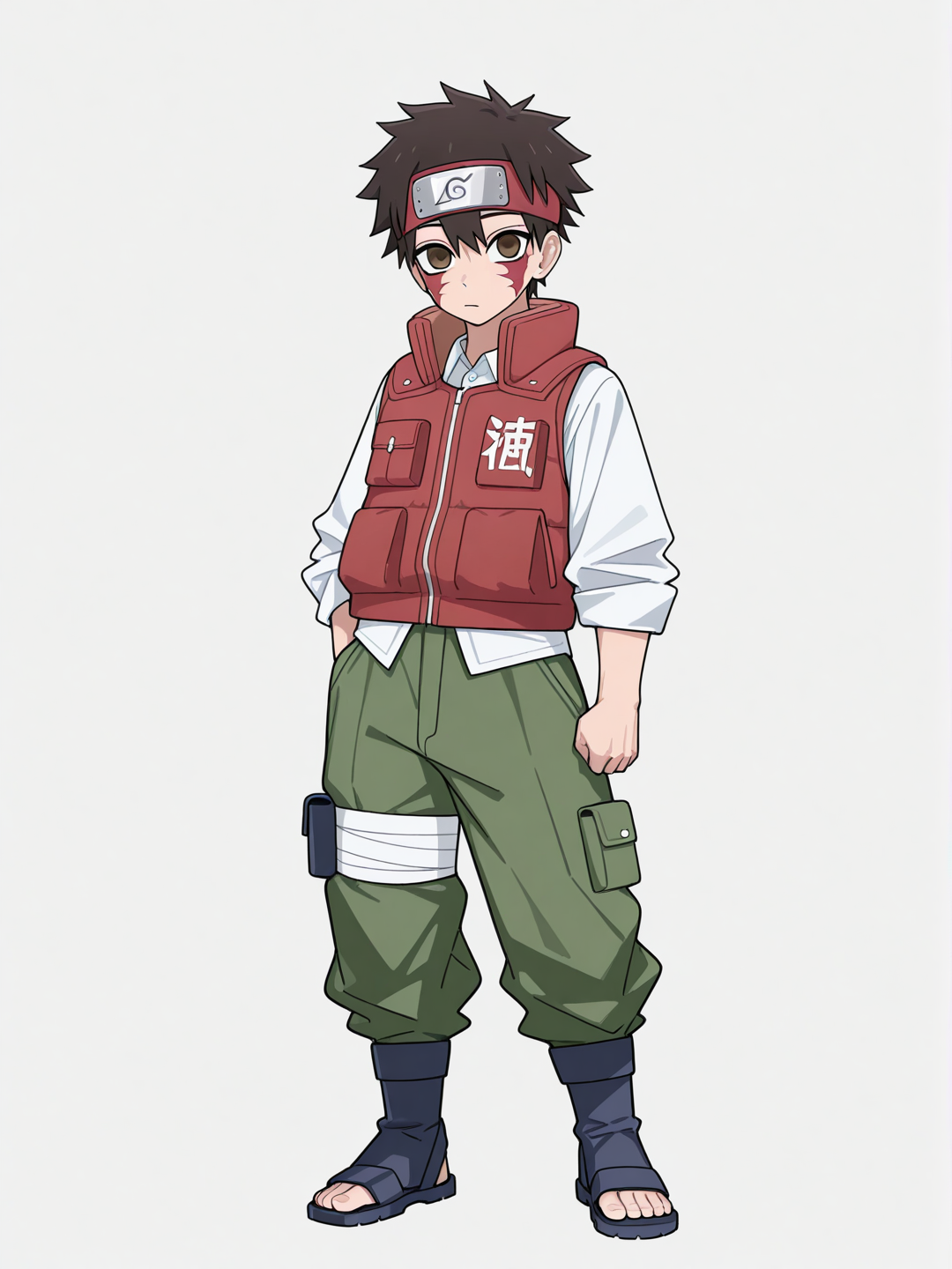 [toon-shaded-style] 1boy, teenager, short, scrawny, athletic, brown_eyes, vest, cargo_pants, naruto_(style), demon_slayer_(style), single_character, full_body, looking_at_viewer, simple_background, white_background