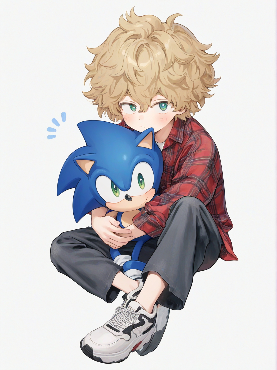 [soft-pastel-style] 1boy, sonic the hedgehog, anthropomorphic animal, my hero academia style, teenager, brown hair, blonde hair, frizzy hair, green eyes, casual pants, plaid shirt, single character, full body, looking at viewer, simple background, white background