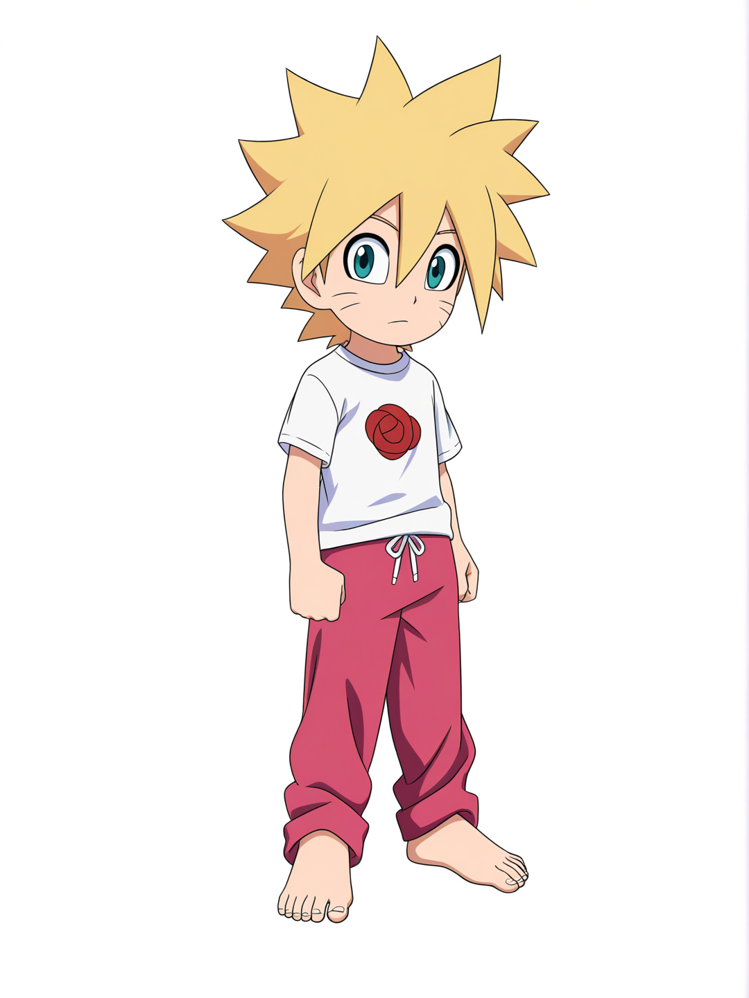 [pop-anime-style] 1boy, sonic the hedgehog (original character), anthropomorphic animal, naruto style, teenager, short stature, petite, spiky hair, blonde hair, t-shirt, suit pants, pajamas, anime coloring, single character, full body, looking at viewer, anime style, simple background, white background
