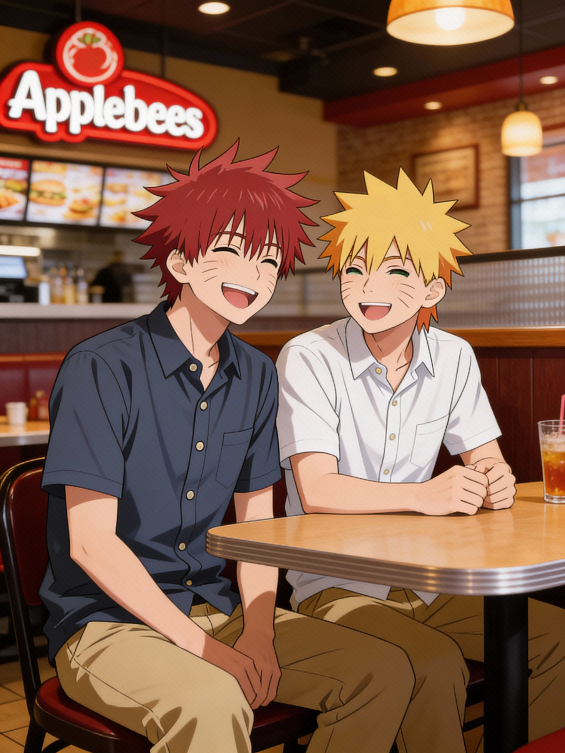 @gavin-PQT1, @nick-lmZh went to Applebees for their fist date both wearing bottom down t-shirts and khaki pants have a good time