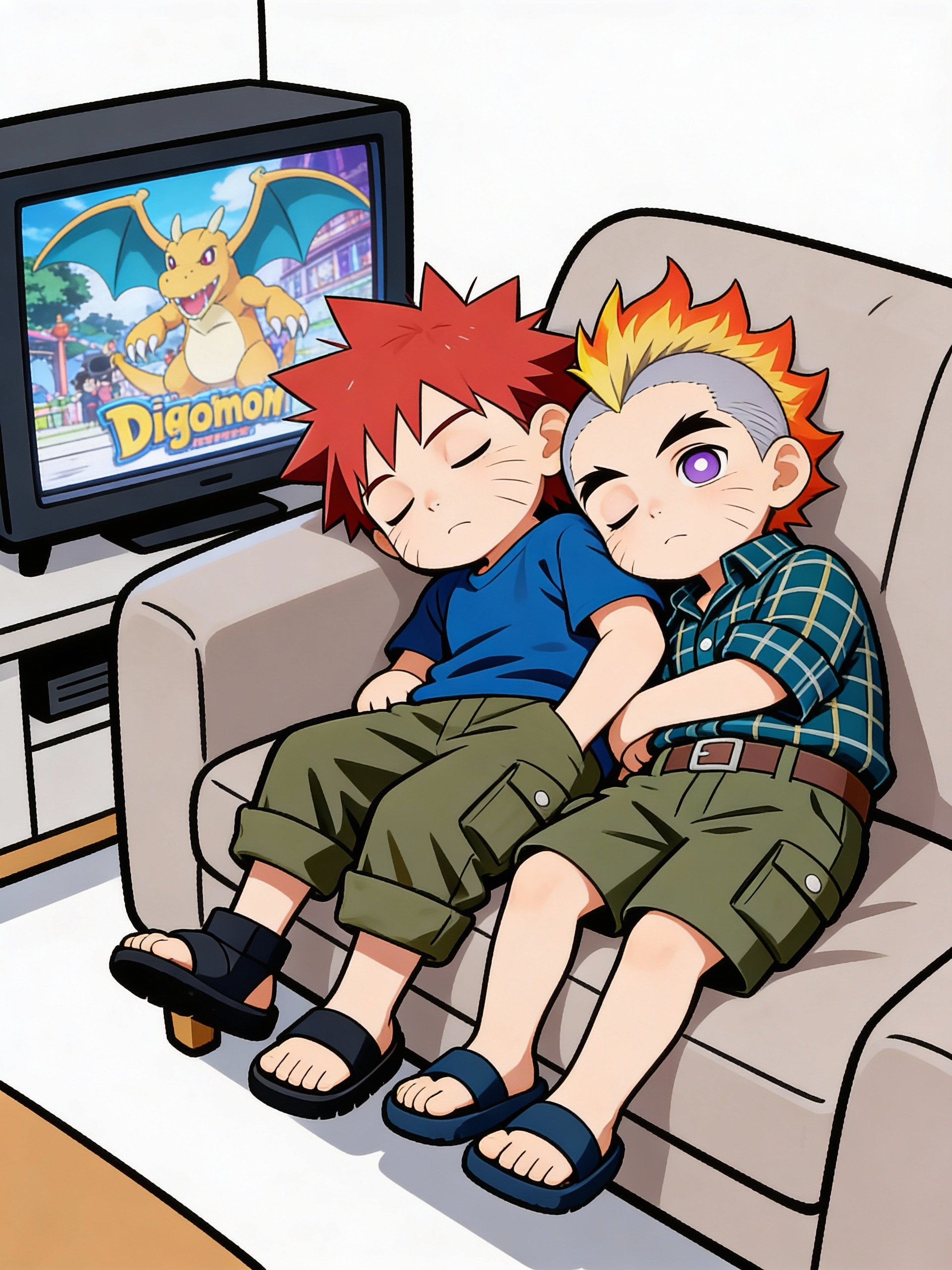 @matt-8r6R, @kyle-Oo1e fall asleep watching digimon movie, [doodle-style]