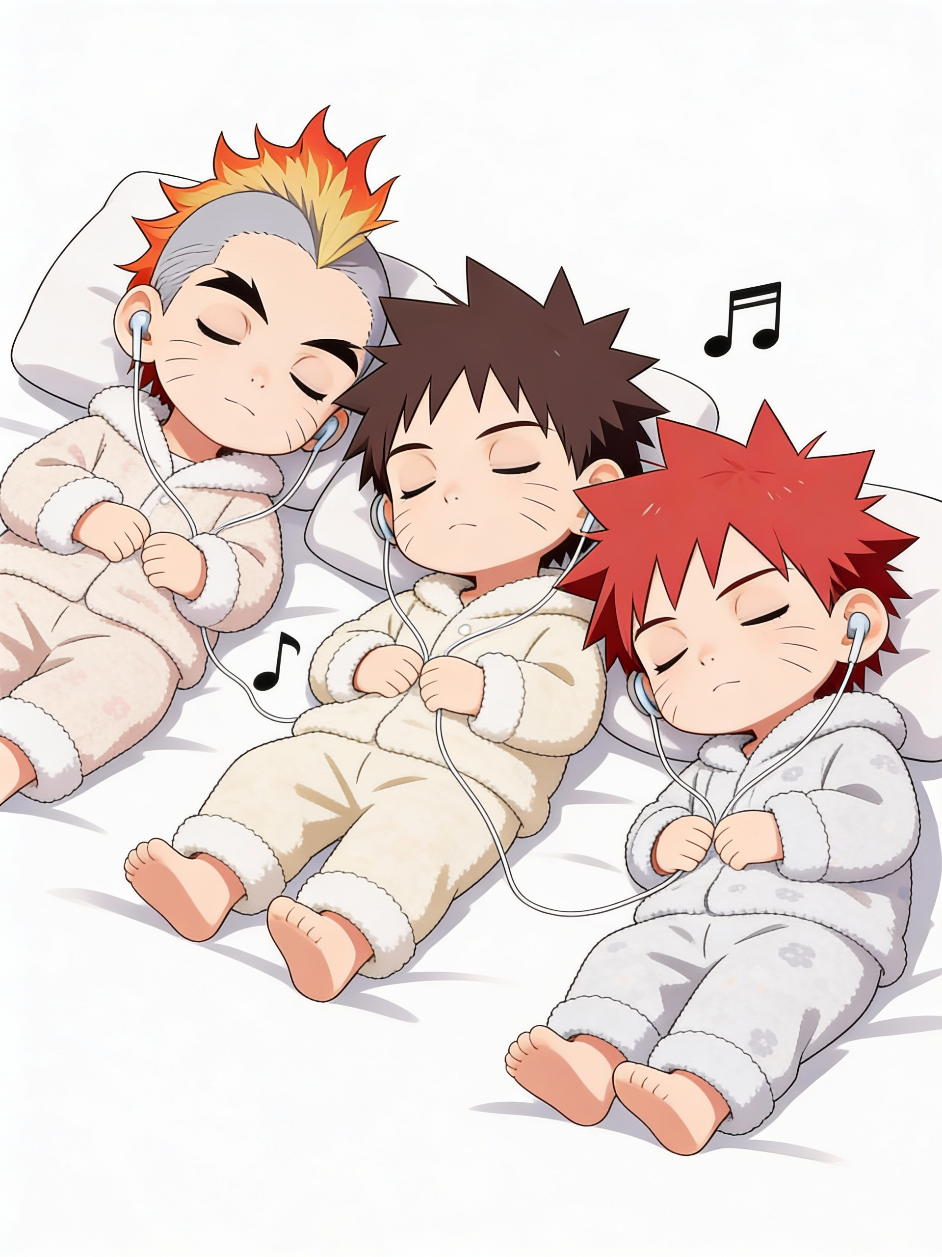 @kyle-Oo1e, @tim-lZsa, @matt-8r6R fall asleep relaxing music, pajamas, [chibi-sticker-style]