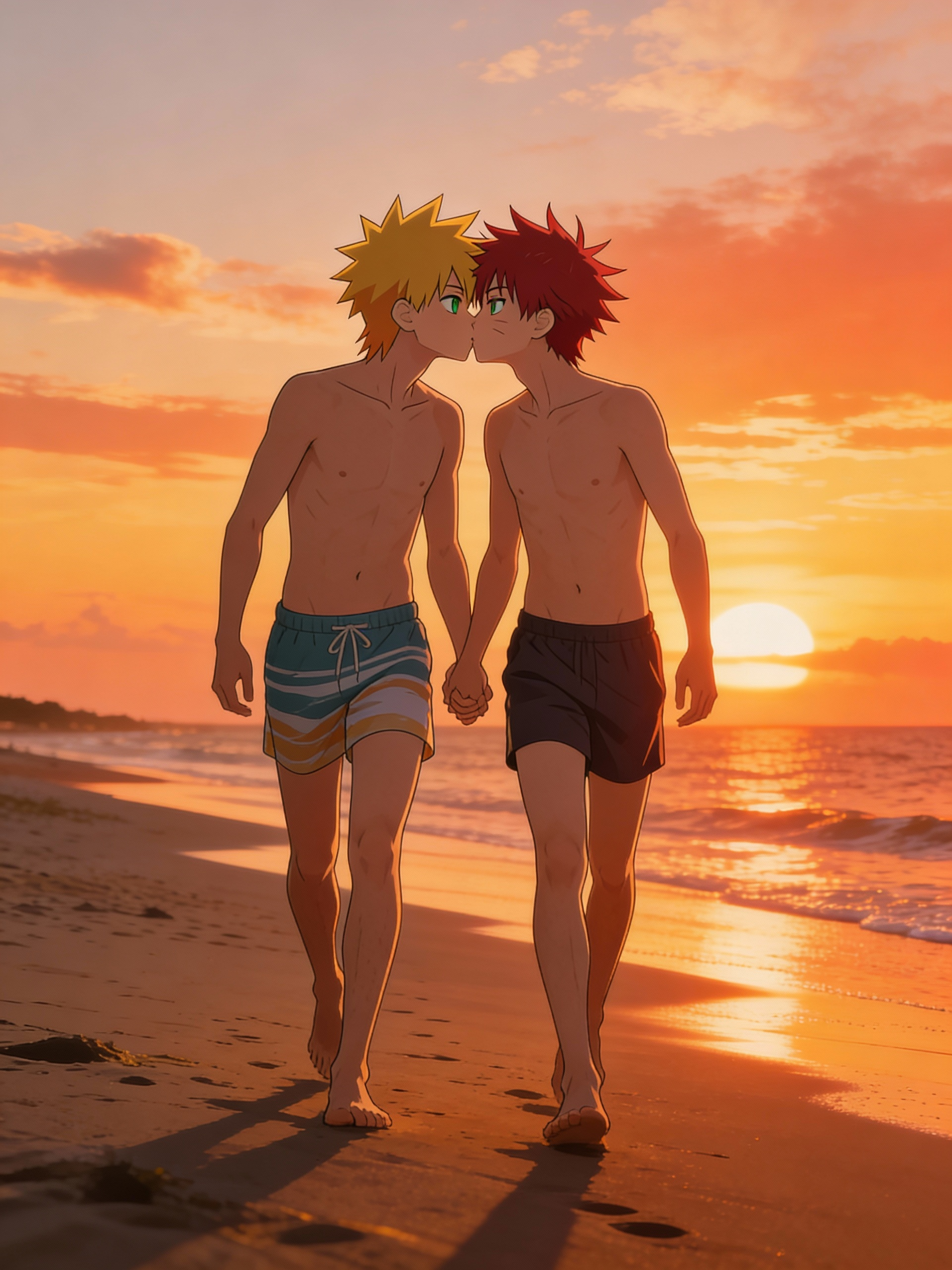 @nick-lmZh, @gavin-PQT1 walk down beach sunset hand hand just about to kiss, beach shorts