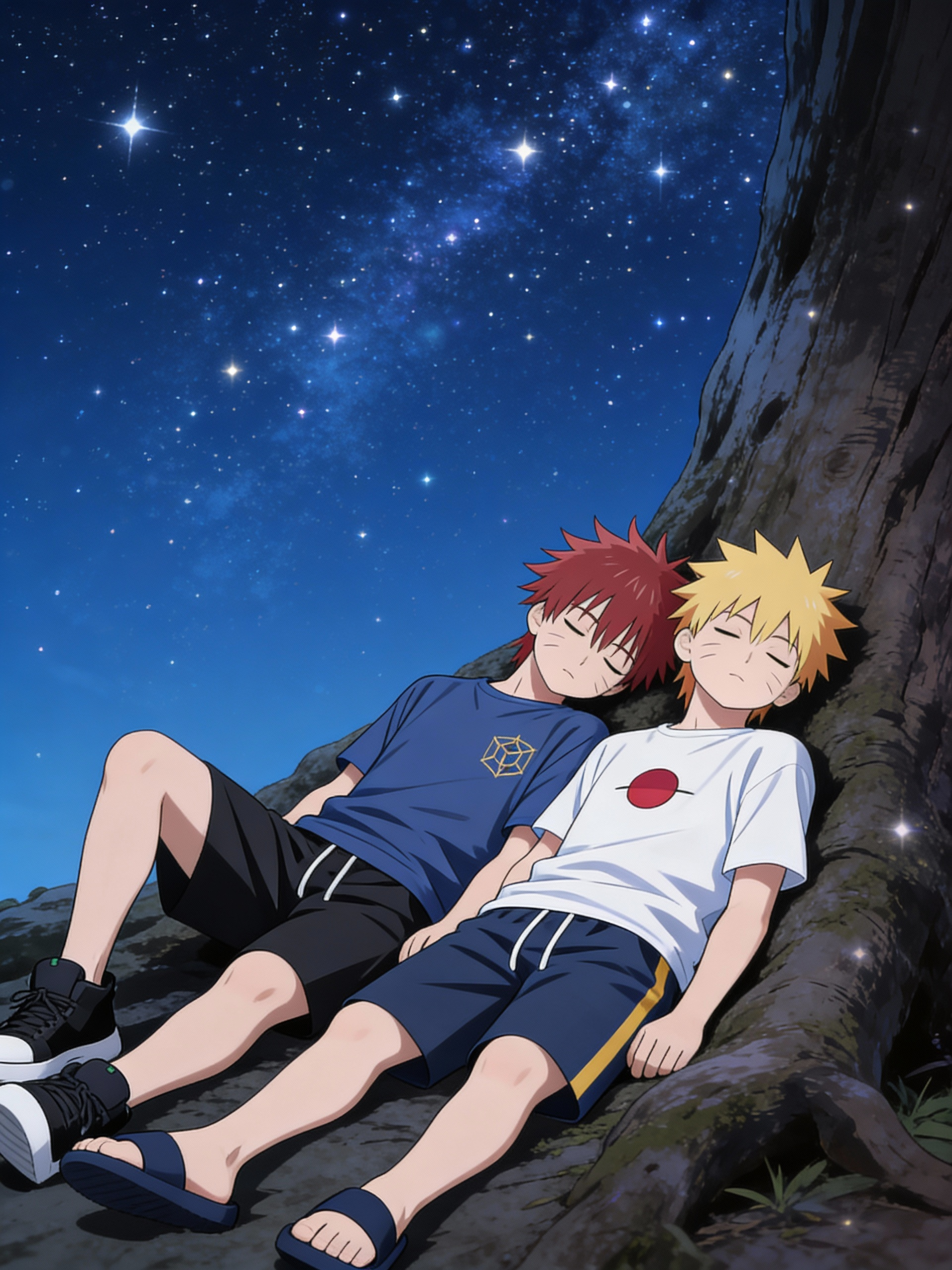 @gavin-PQT1, @nick-lmZh lay down sleeping against a tree, starry sky