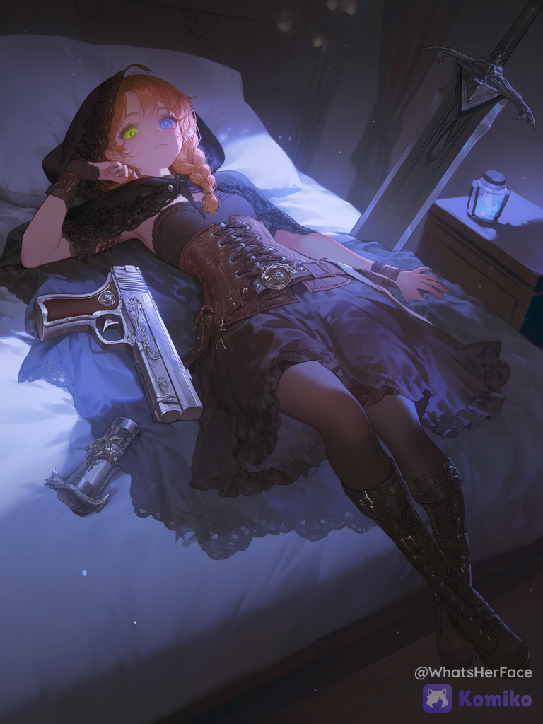 1girl, petite body, ginger hair, braided hair, left iris green, right iris blue, brown leather steampunk corset dress, black lace hooded cloak, stockings, knee-high combat boots, giant fantasy sword, oversized fantasy handgun, night, dim lit inn bedroom, resting on bed, [vivid-detailed-style]