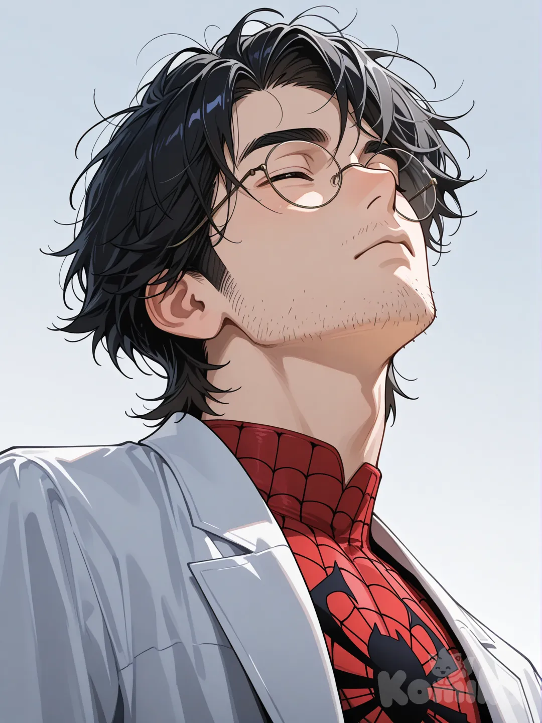 Medium shot, 3/4 front side view of the face, slightly from below, looking up and to his right. The man is positioned in the center of the image. A great with excellent artistic style, full HDR quality, 8K. 1 boy, with an uncovered forehead, His face is somewhat expressionless, eyes closed, =⁠_⁠=, large but defined eyebrows, and a slightly disheveled appearance with a defined structure, oval head, (pointed jaw), He has a stubble growing on his chin, aquiline nose, (black hair:1,5), prominent sideburns, blue and red spider-man costume under a lab coat, round glasses