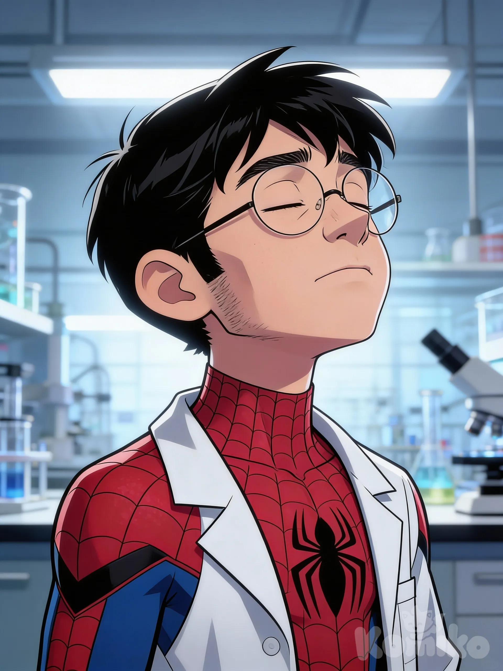 Medium shot, 3/4 front side view of the face, slightly from below, looking up and to his right. The man is positioned in the center of the image. A great with excellent artistic style, full HDR quality, 8K. 1 boy, with an uncovered forehead, His face is somewhat expressionless, eyes closed, =⁠_⁠=, large but defined eyebrows, and a slightly disheveled appearance with a defined structure, oval head, (pointed jaw), He has a stubble growing on his chin, aquiline nose, (black hair:1,5), prominent sideburns, blue and red spider-man costume under a lab coat, round glasses, background, laboratory, backlight, brightness, Ameizing lewds artstyle