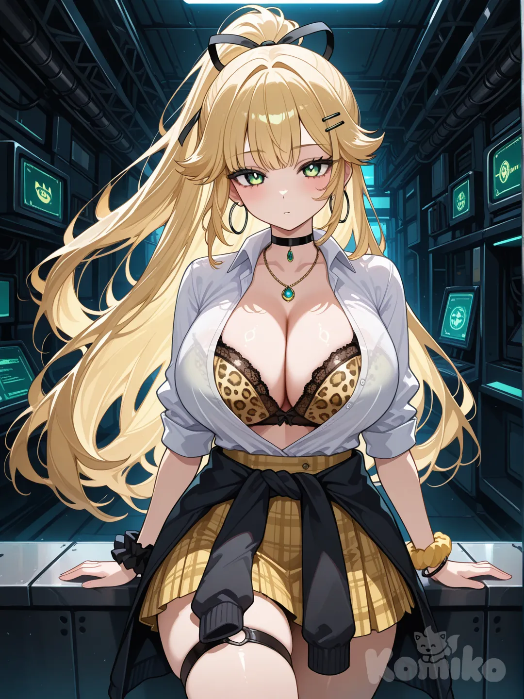 fnaf_ingame_style, glowing, dark, science fiction, scenery, fnaf_sister_location, rpdf, green eyes, blonde hair, very long hair, ponytail, hairclip, black ribbon, hair ribbon, huge breasts, black choker, necklace, white shirt, cleavage, leopard print, bra, yellow skirt, plaid skirt, clothes around waist, jewelry, hoop earrings, bracelet, wrist scrunchie, underwear, thigh strap