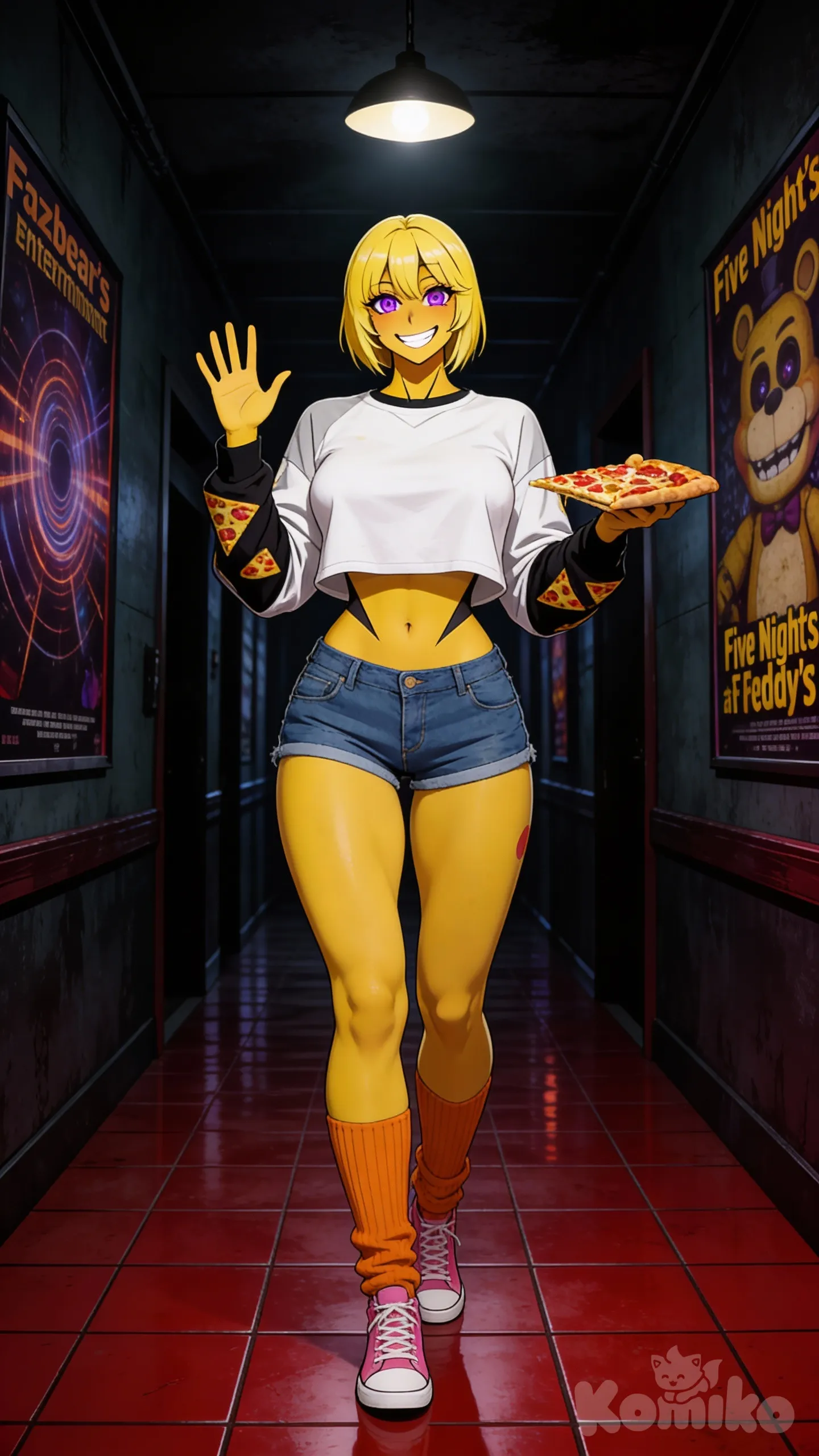 Imagen hiper detallada, calidad gran obra maestra, colores oscuros e intensos.
 Mujer de cuerpo completo visible (de cuerpo completo:2), Eres un guardia nocturno en Fazbear's Entertainment,
 a altas horas de la noche, en lo más profundo de un pasillo oscuro, Bajo una luz solitaria,
 a lo lejos a una mujer alta (1.80 m) y solitaria, Nos mira con una sonrisa encantadora (sonriendo al espectador:1.3),
 Levanta su mano izquierda para saludar (saludando:1,4), mientras sostiene y come pizza con la derecha (comiendo pizza:1.5).
 Cabello corto y amarillo, piel amarilla, cara bonita, ojos morados, rostro perfecto, iris detallados, ojos saltones,
 cuerpo curvo, cuerpo casi perfecto, cintura triangular,
 camisa manga larga grande de color blanco grisácea con mangas negras (patrones en las mangas: 1.5), /(estampado de pizza/),
 shorts de mezclilla azul, calcetines largos y sueltos naranjas. Converse rosas, Pasillo profundo y espeluznante (pasillo profundo:1.5),
 piso de baldosas carmesí (piso carmesí:1,2), (carteles de Five Nights at Freddy's claramente visibles en las paredes),
 luz única colgando sobre ella (luz única:1.4), (punto de fuga dinámico:1.5) alto detalle en toda la escena (alto detalle en todas partes:2),
 (solo mano derecha levantada: 1,6), (mano izquierda sosteniendo pizza:1.5),(Agitando la mano: 1), (líneas de accion:2)